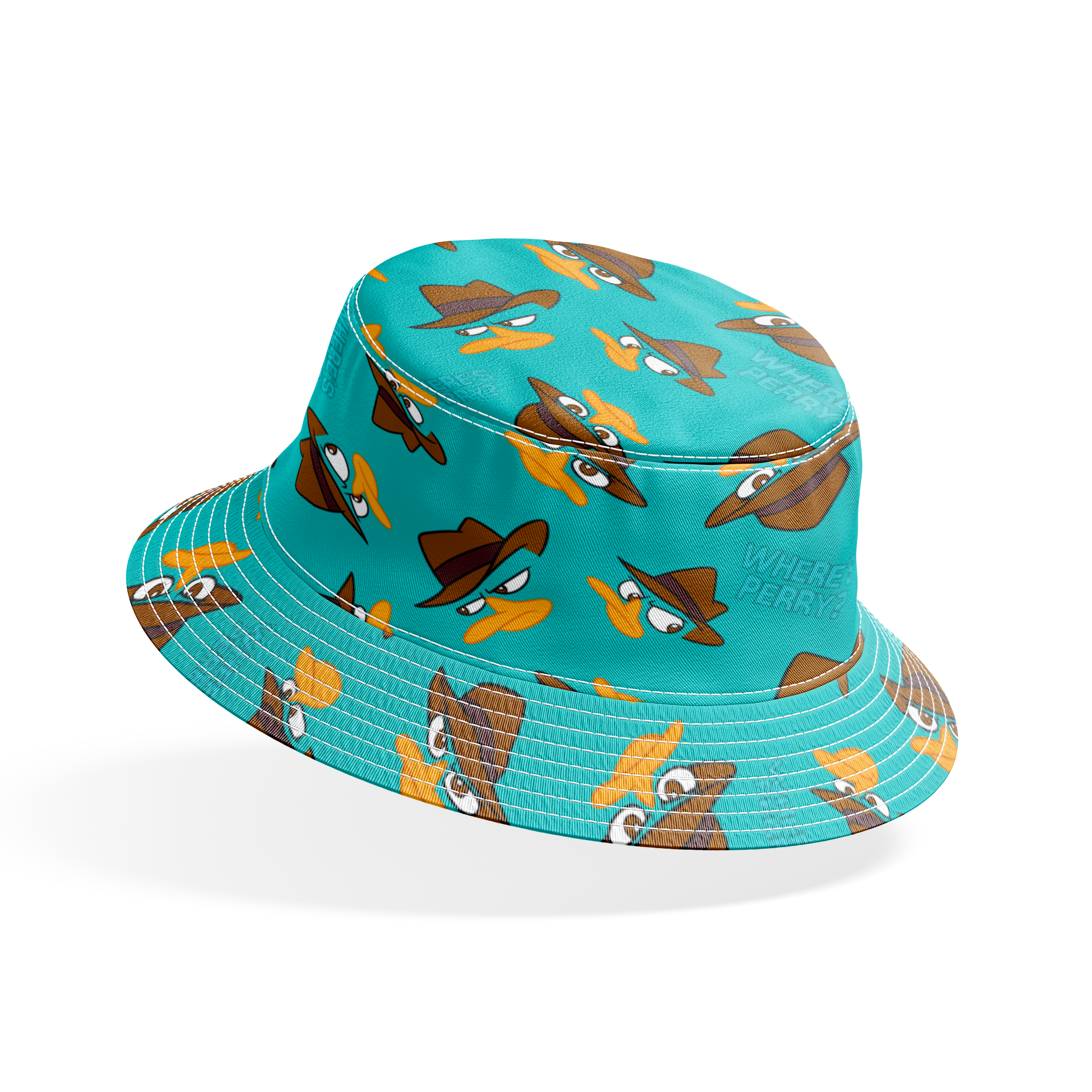 Pattern of cartoon character faces with brown fedora hats on teal background with "Where's Perry" text bucket hat mockup