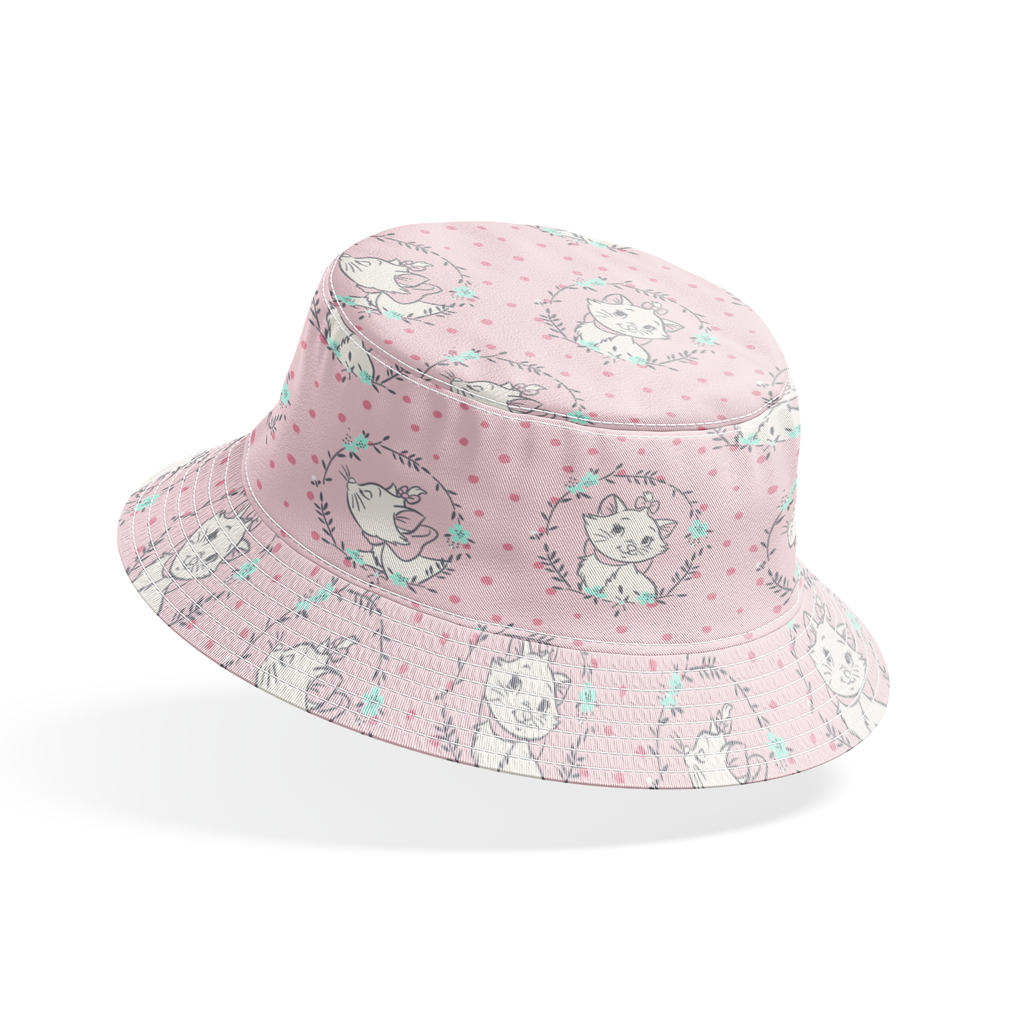 White cartoon cats in floral wreaths on pink polka dot background, seamless pattern bucket hat mockup