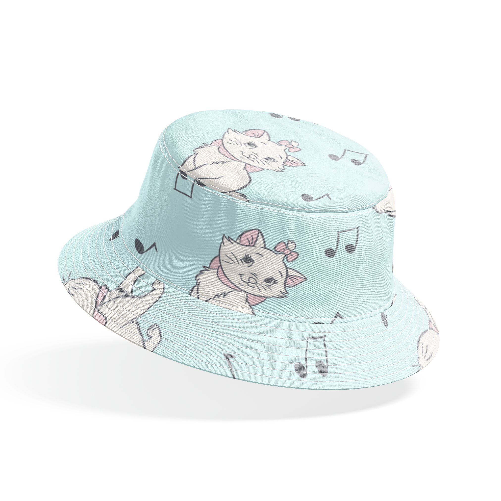 White kittens with pink bows playing among musical notes on a light mint background bucket hat mockup