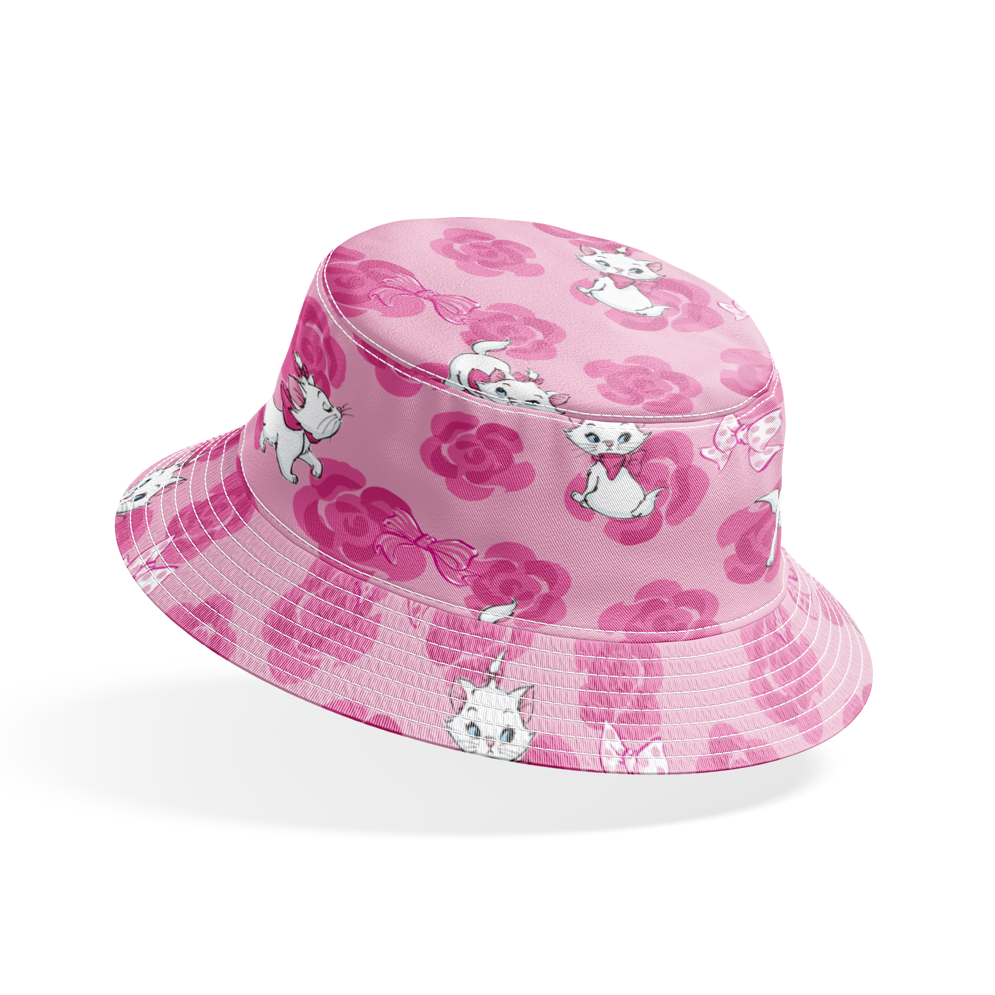 Marie from The Aristocats playing on pink rose pattern background bucket hat mockup