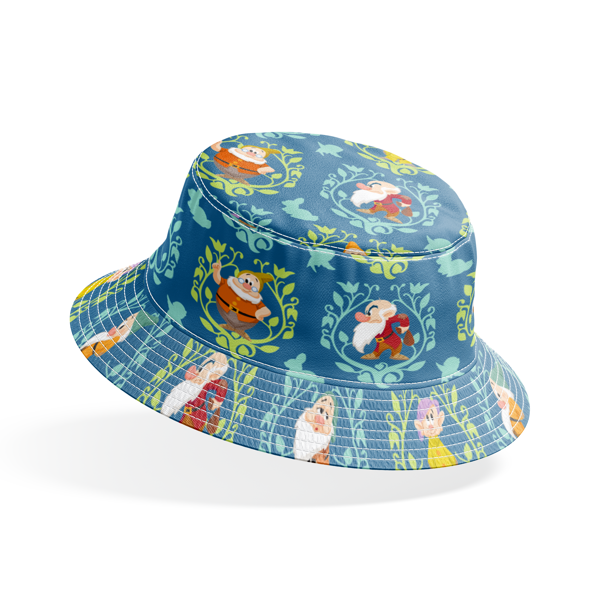 Pattern of cartoon birds in decorative oval frames on blue background with leaf motifs bucket hat mockup