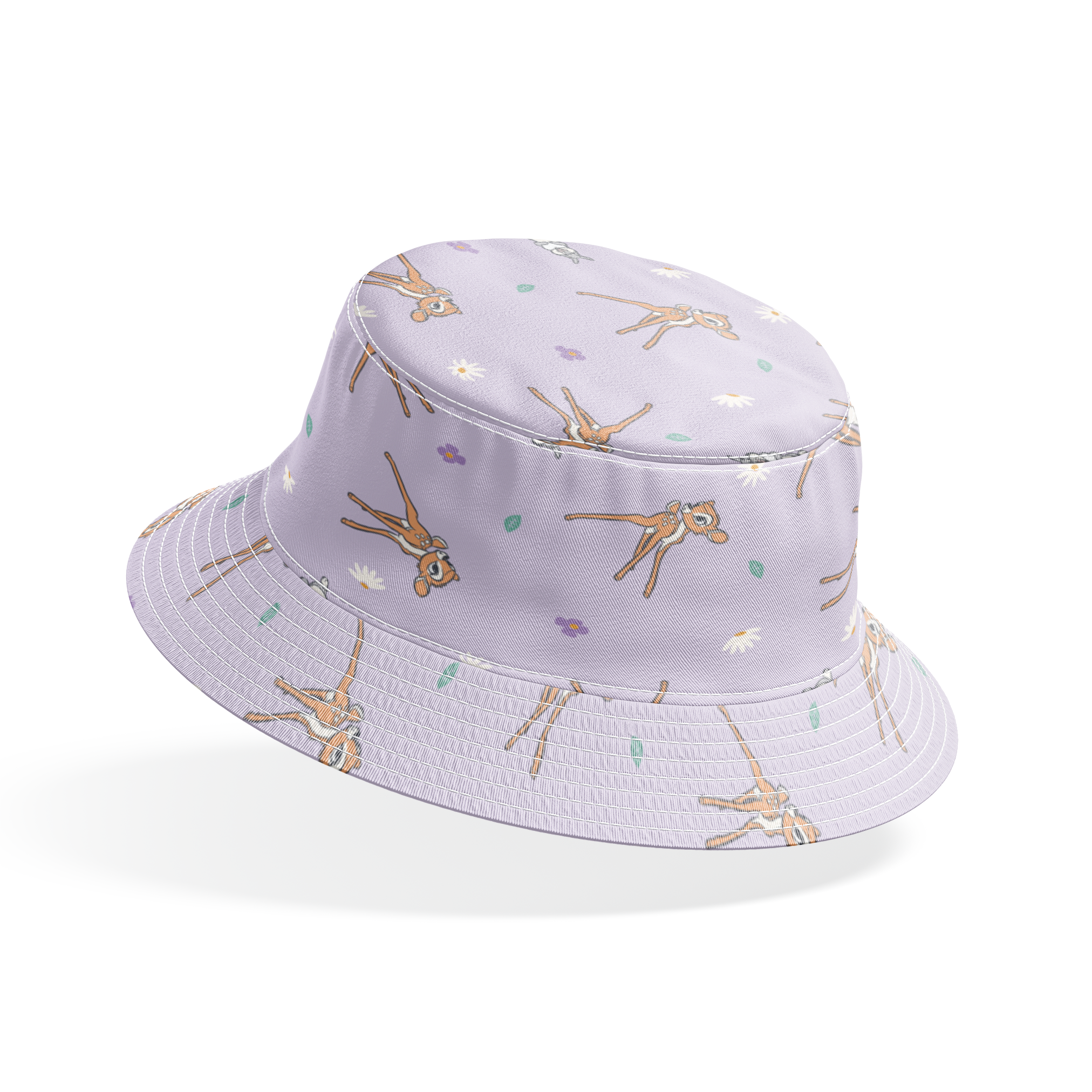 Seamless pattern of cartoon deer and bunnies with daisies and small flowers on lavender background bucket hat mockup
