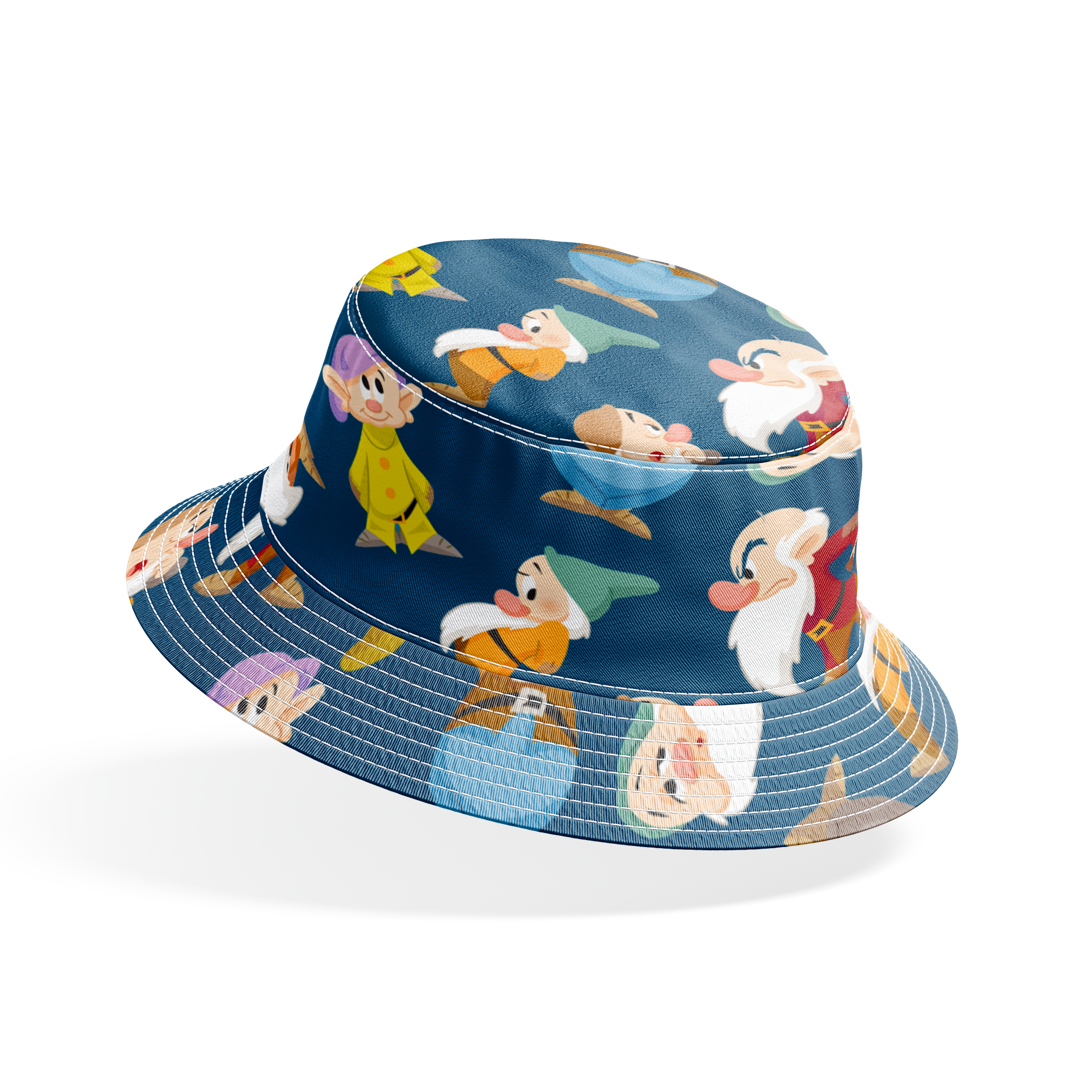 Colorful pattern of cartoon dwarfs in various outfits and poses on a deep blue background bucket hat mockup