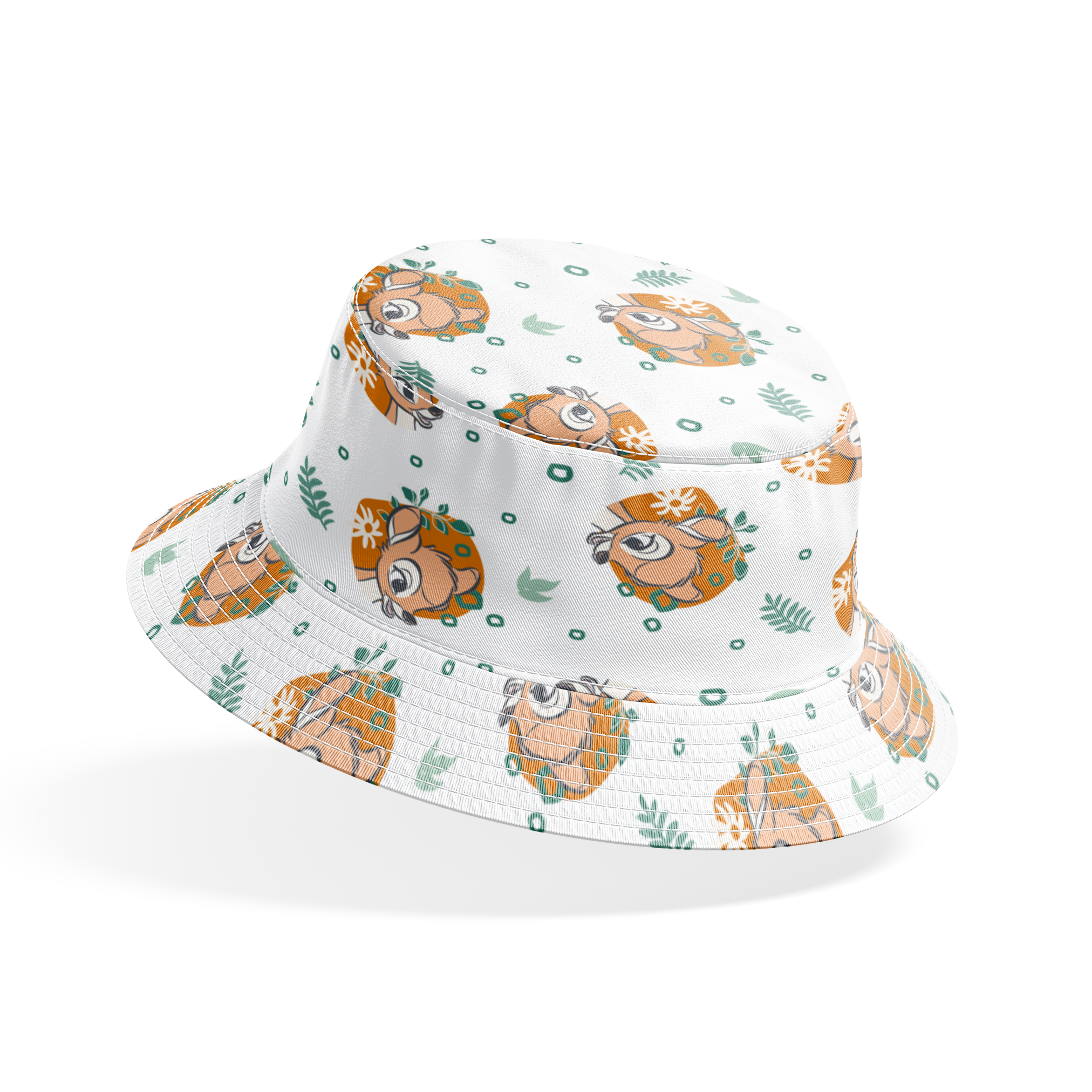 Disney’s Bambi illustrated in golden-orange floral medallions with green leaves and scattered geometric accents on a white background. bucket hat mockup