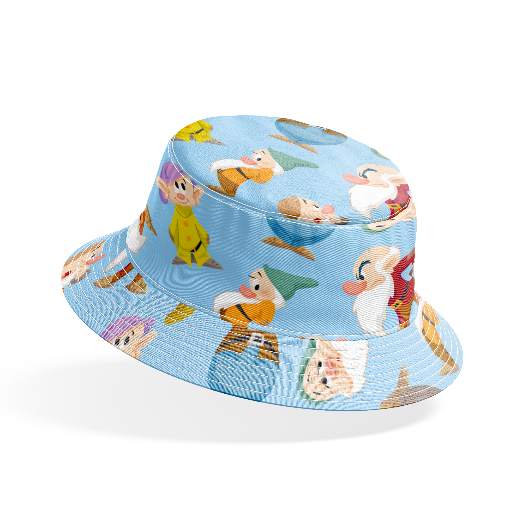 Pattern of cartoon dwarfs in colorful outfits on light blue background bucket hat mockup