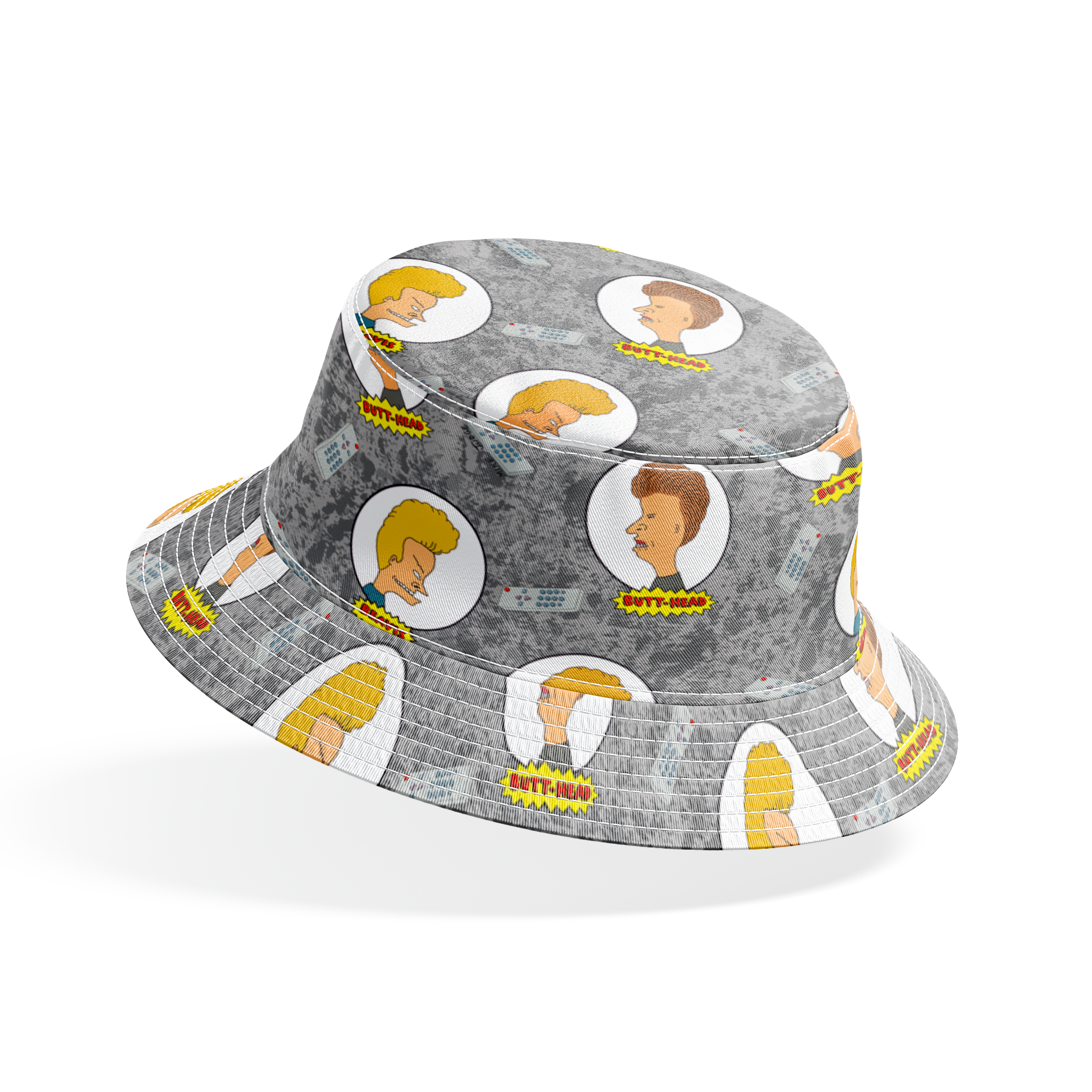 Cartoon pattern with blond and brown-haired animated characters in circular frames against a gray background with comic-style text bubbles. bucket hat mockup