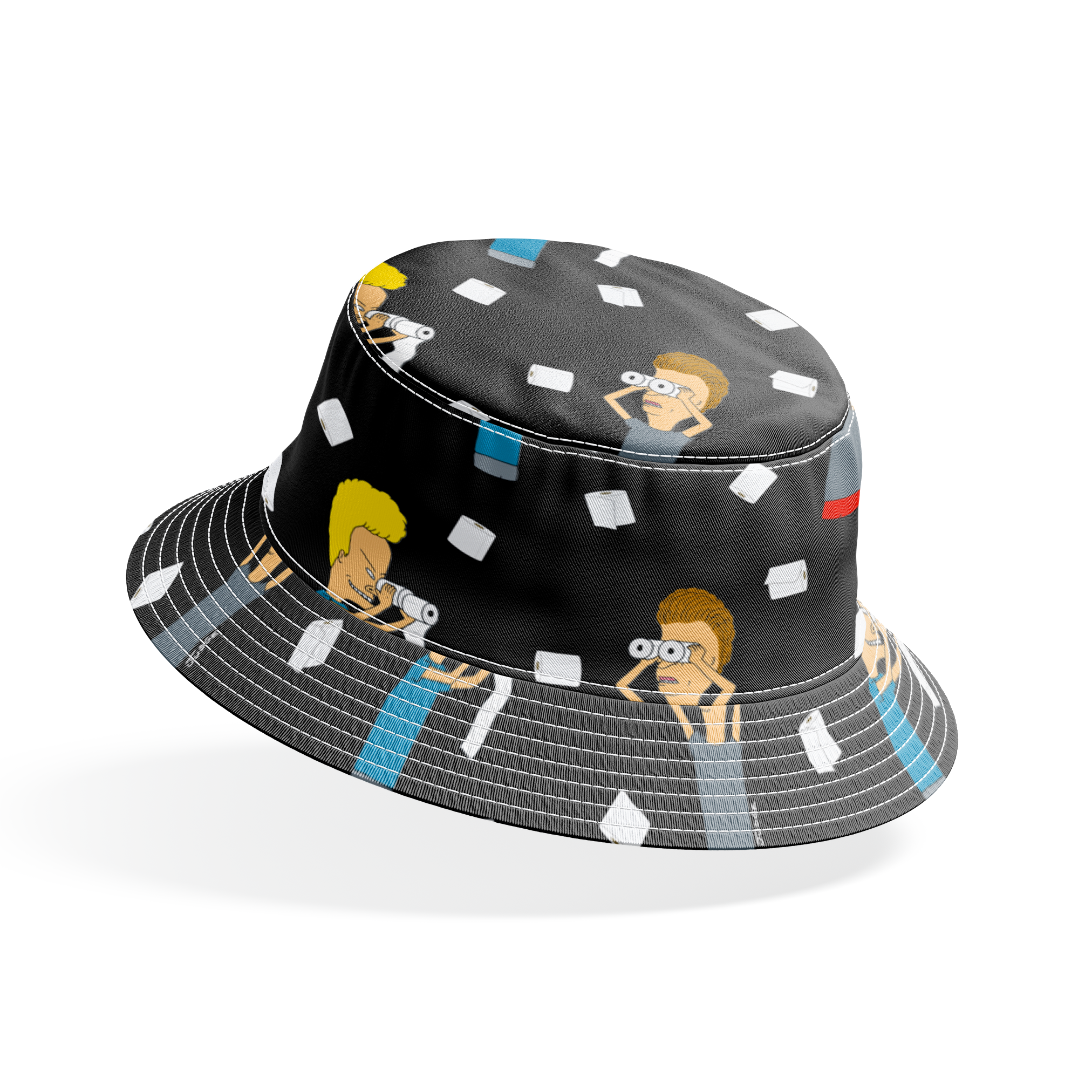 Cartoon characters with exaggerated features on black background with white squares scattered throughout the pattern bucket hat mockup