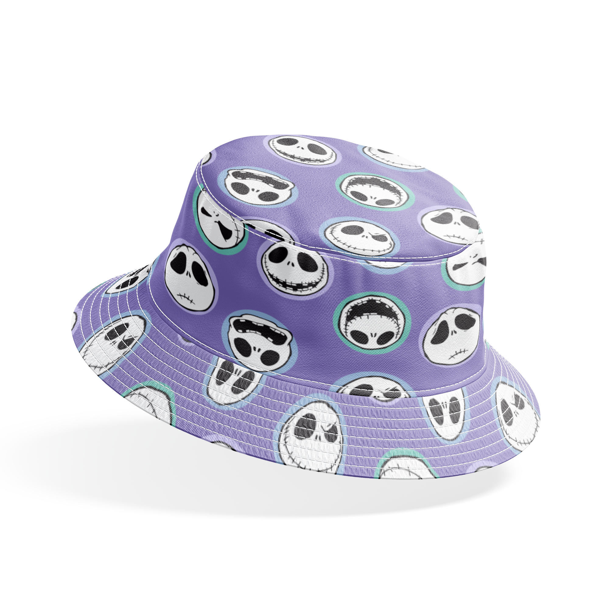 Repeating skull faces with stitched mouths and large eyes on purple background in cartoon style bucket hat mockup