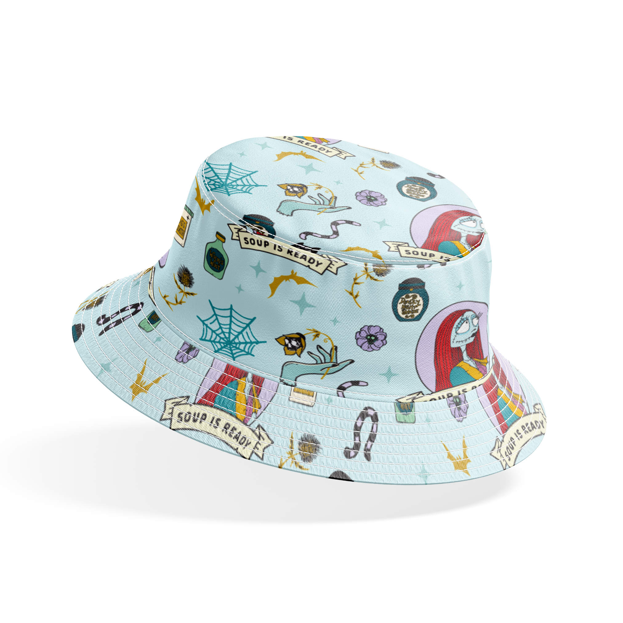 Whimsical pattern with skeletal figure in oval frame, black cats, spiderwebs, potion bottles, and "Soup is Ready" banners on light blue background. bucket hat mockup