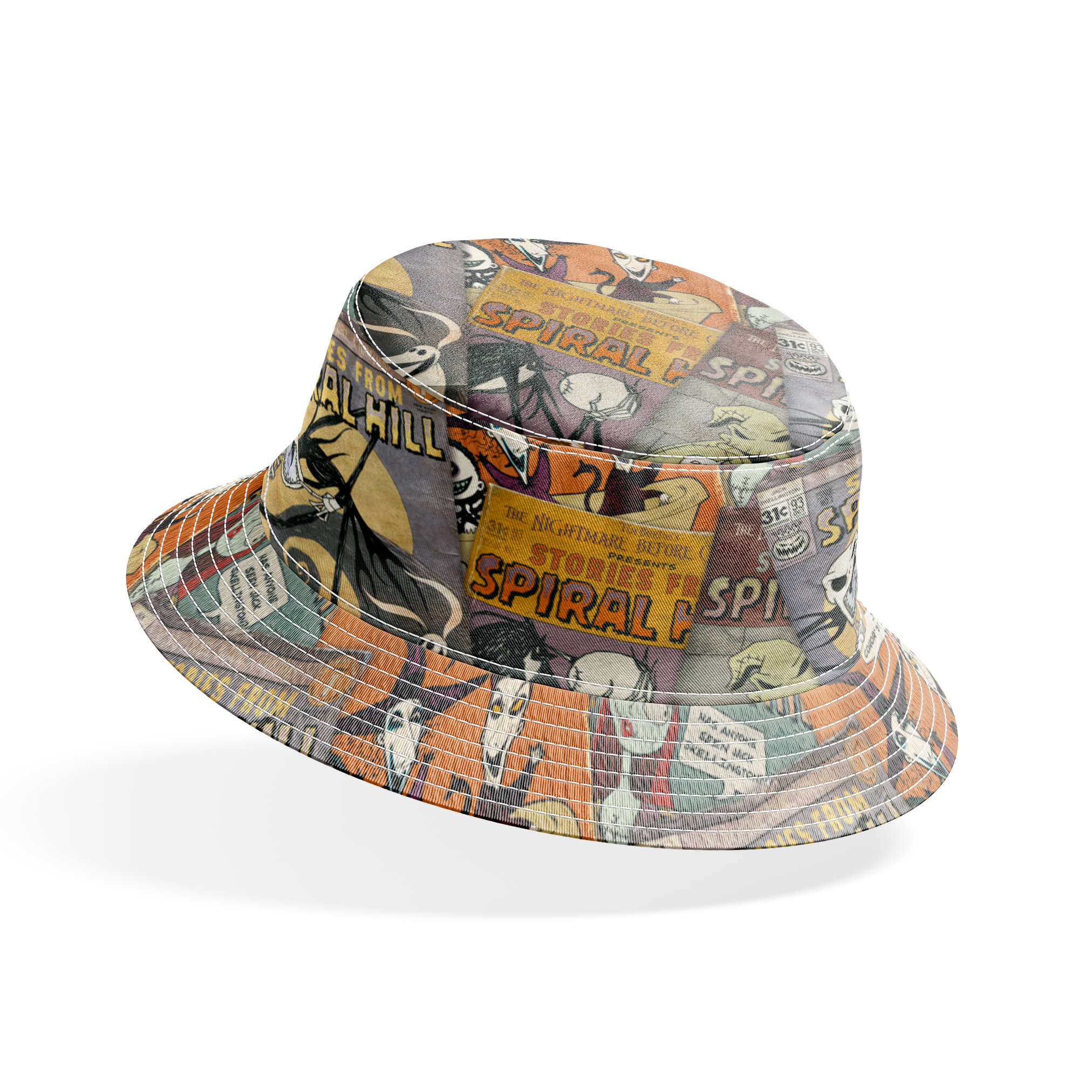 Vintage-style comic books featuring "Stories from Spiral Hill" with spooky skeletal characters on orange and gray covers bucket hat mockup