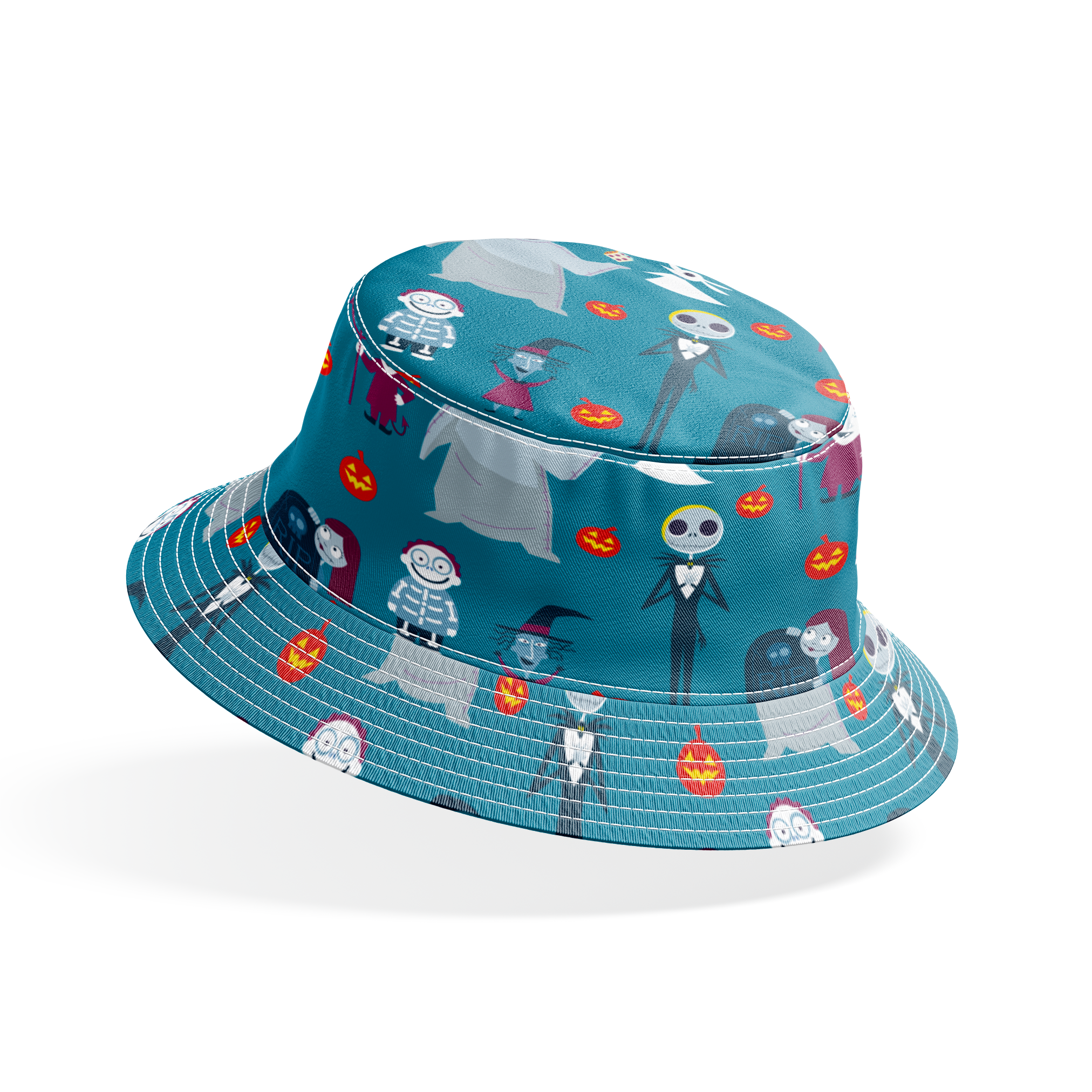 Halloween characters pattern with ghost, skeleton, witch, and pumpkins on teal background in cartoon style bucket hat mockup