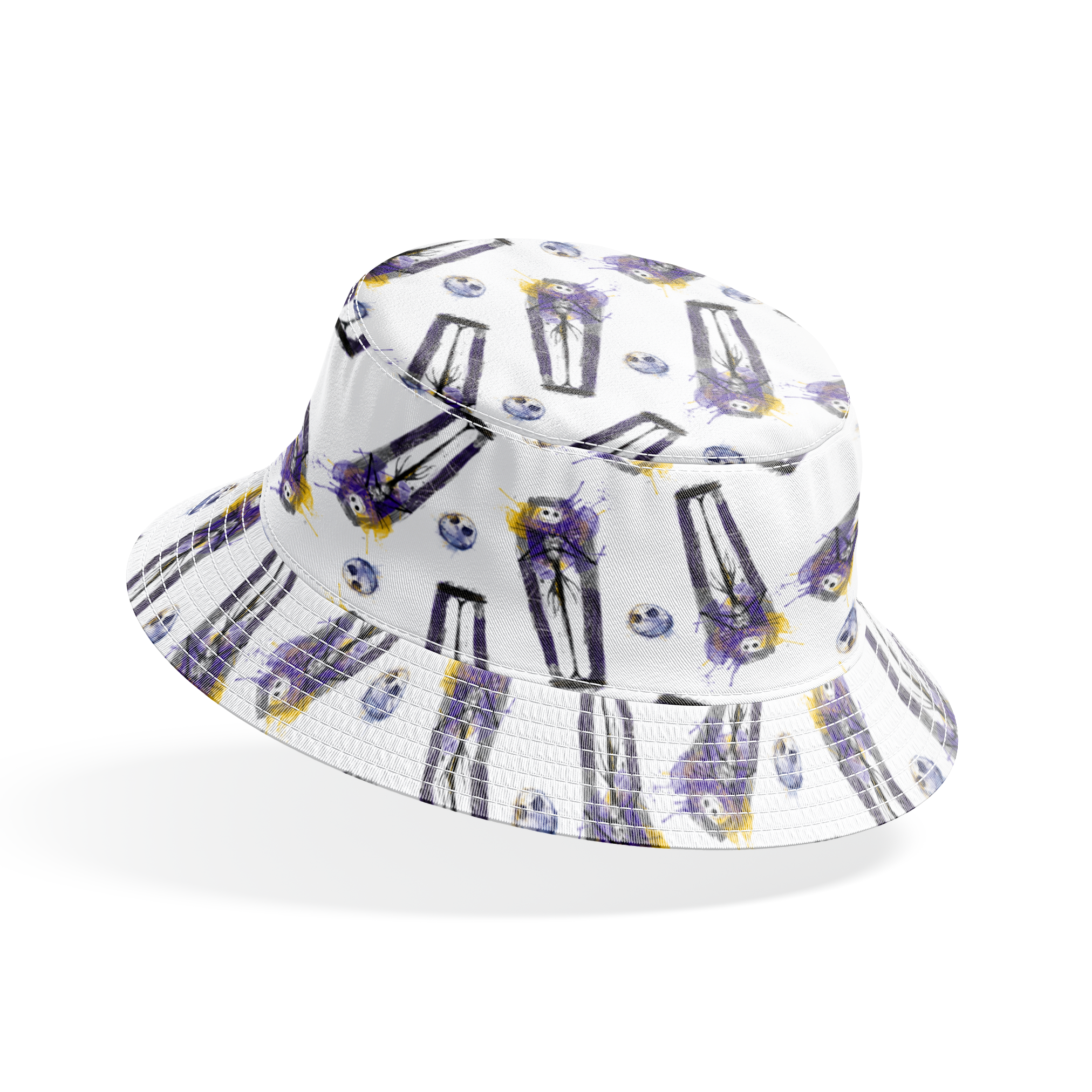 Repeating pattern of stylized gothic figures in black and purple with skull-like faces on white background bucket hat mockup