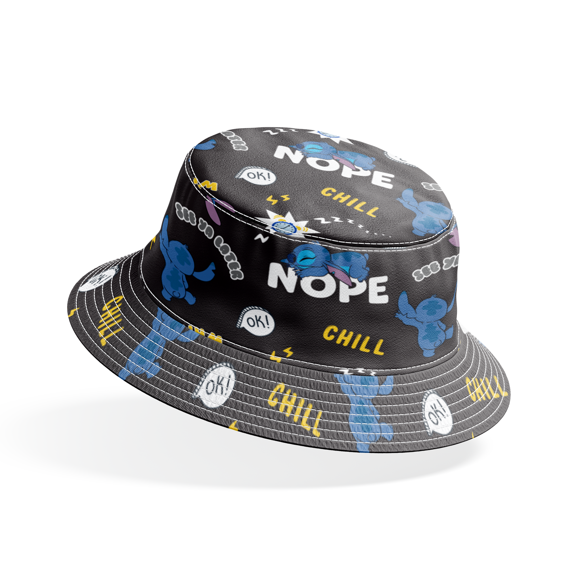Disney Stitch pattern on black background with text "NOPE," "CHILL," "OK!" and sleep symbols bucket hat mockup