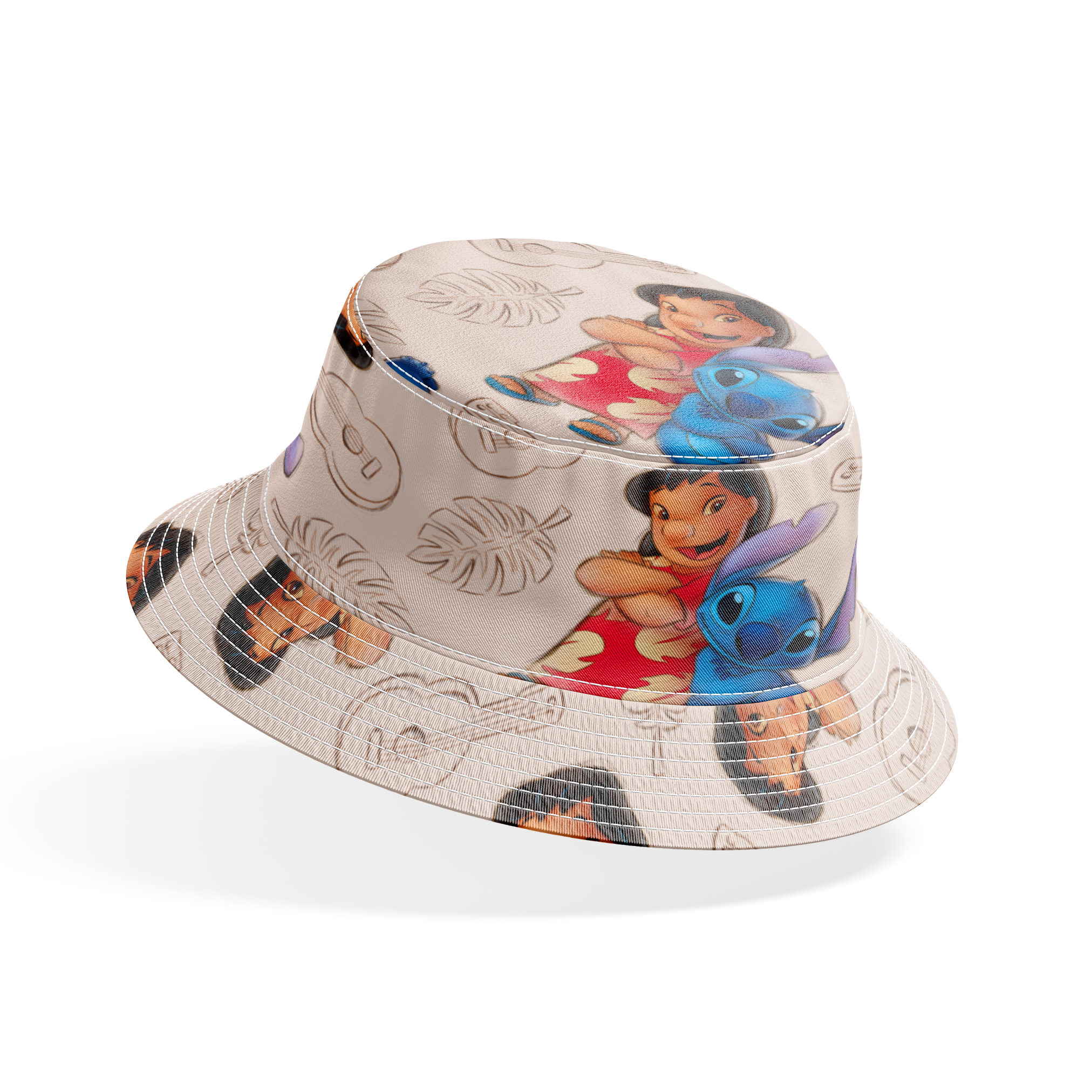 Lilo and Stitch fabric with leaf and guitar pattern background bucket hat mockup