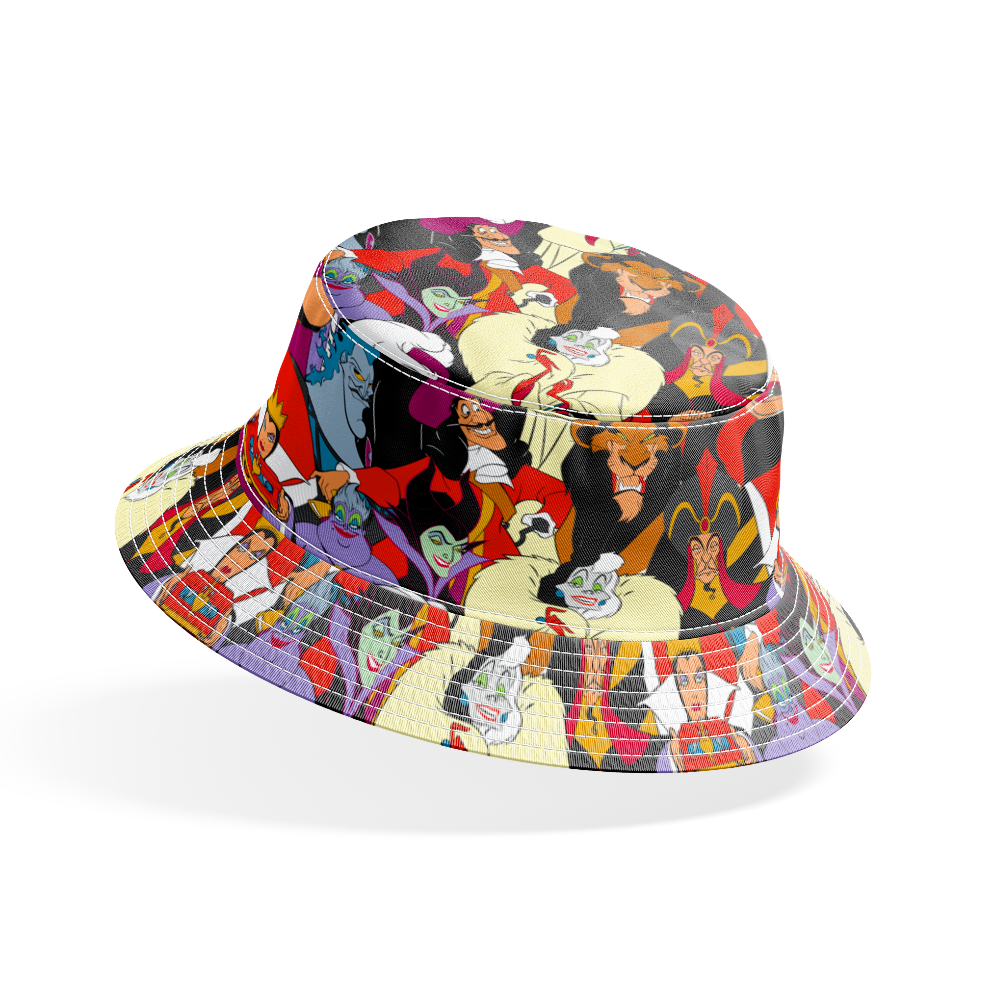 Disney villains collage featuring colorful animated characters with distinct evil expressions and iconic costumes. bucket hat mockup