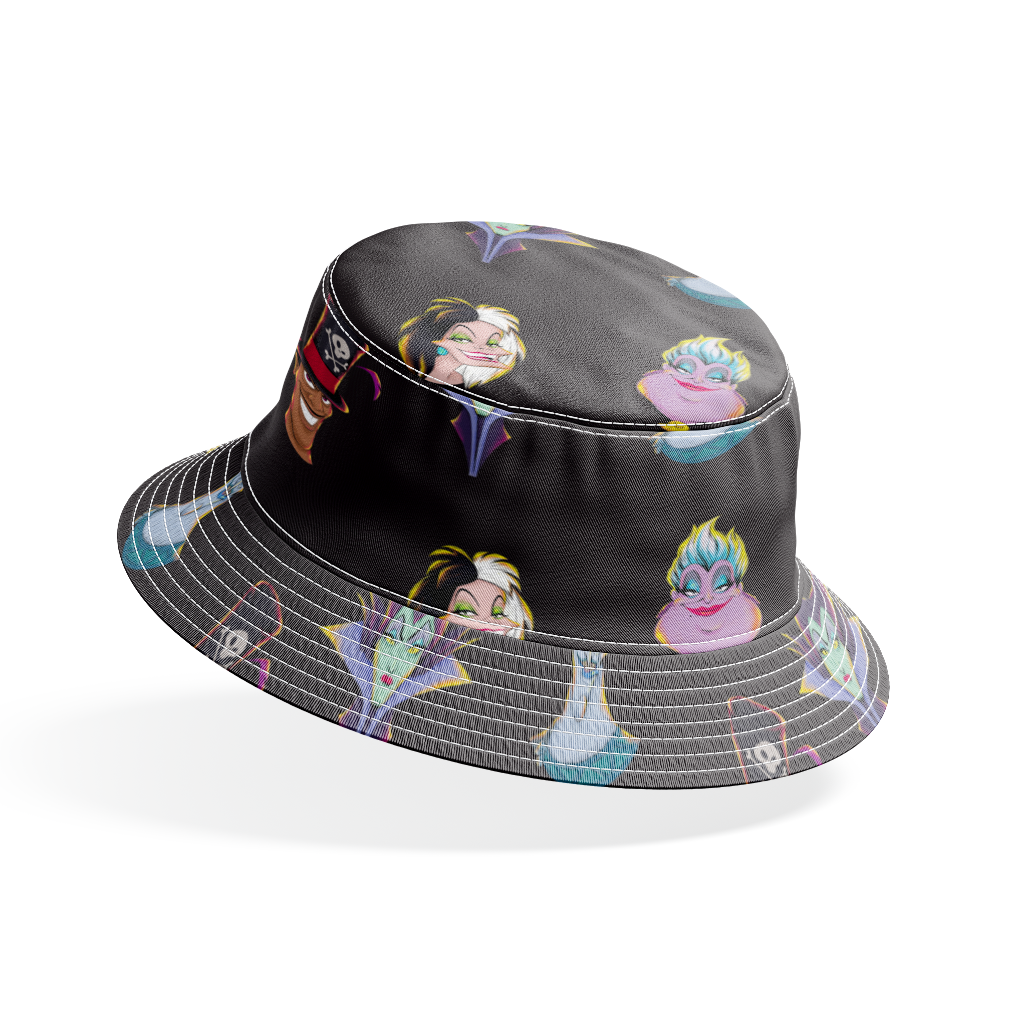 Illustrated Disney villain heads on black background including sea witch, evil queen, and others bucket hat mockup