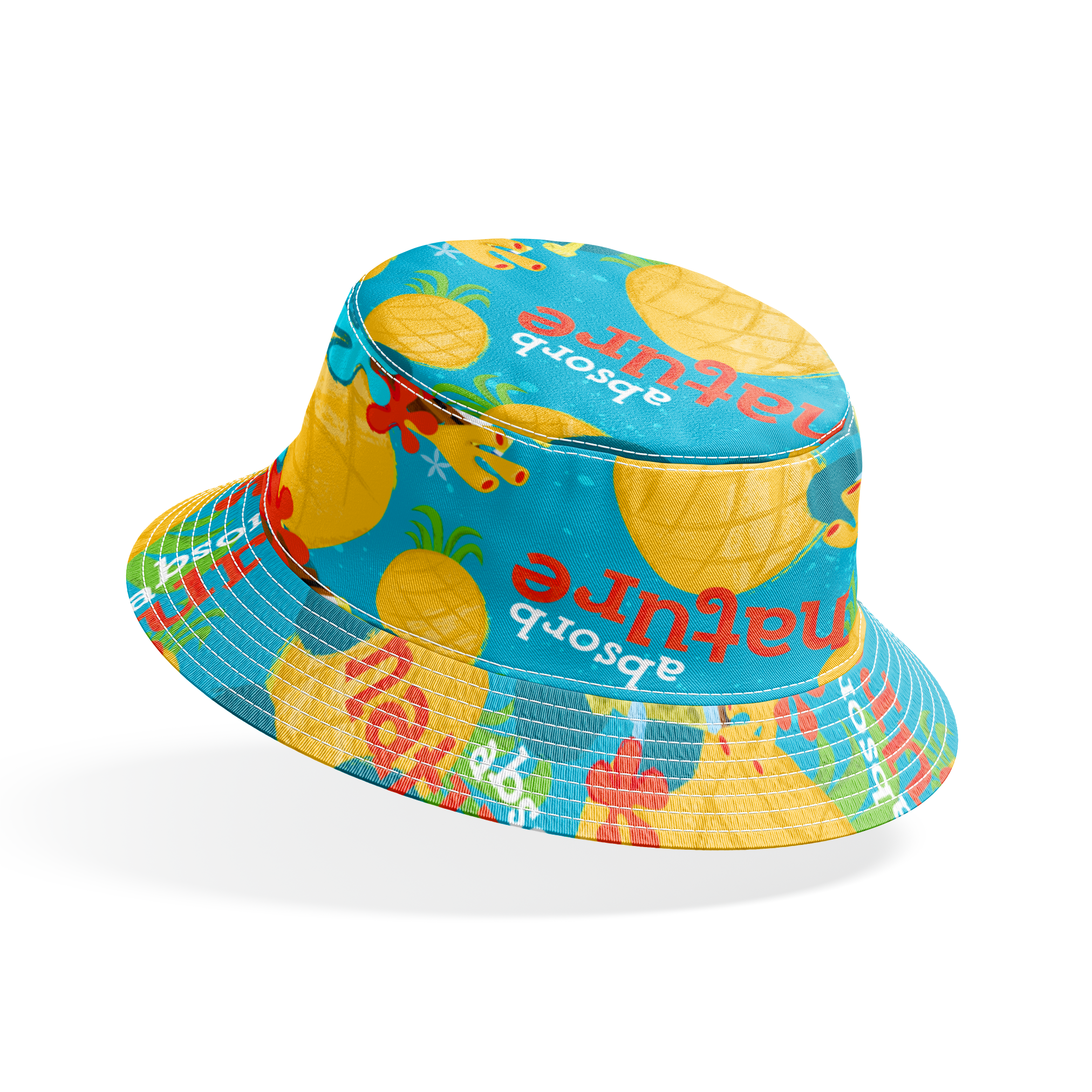 SpongeBob SquarePants pattern with pineapples and flowers on teal background bucket hat mockup