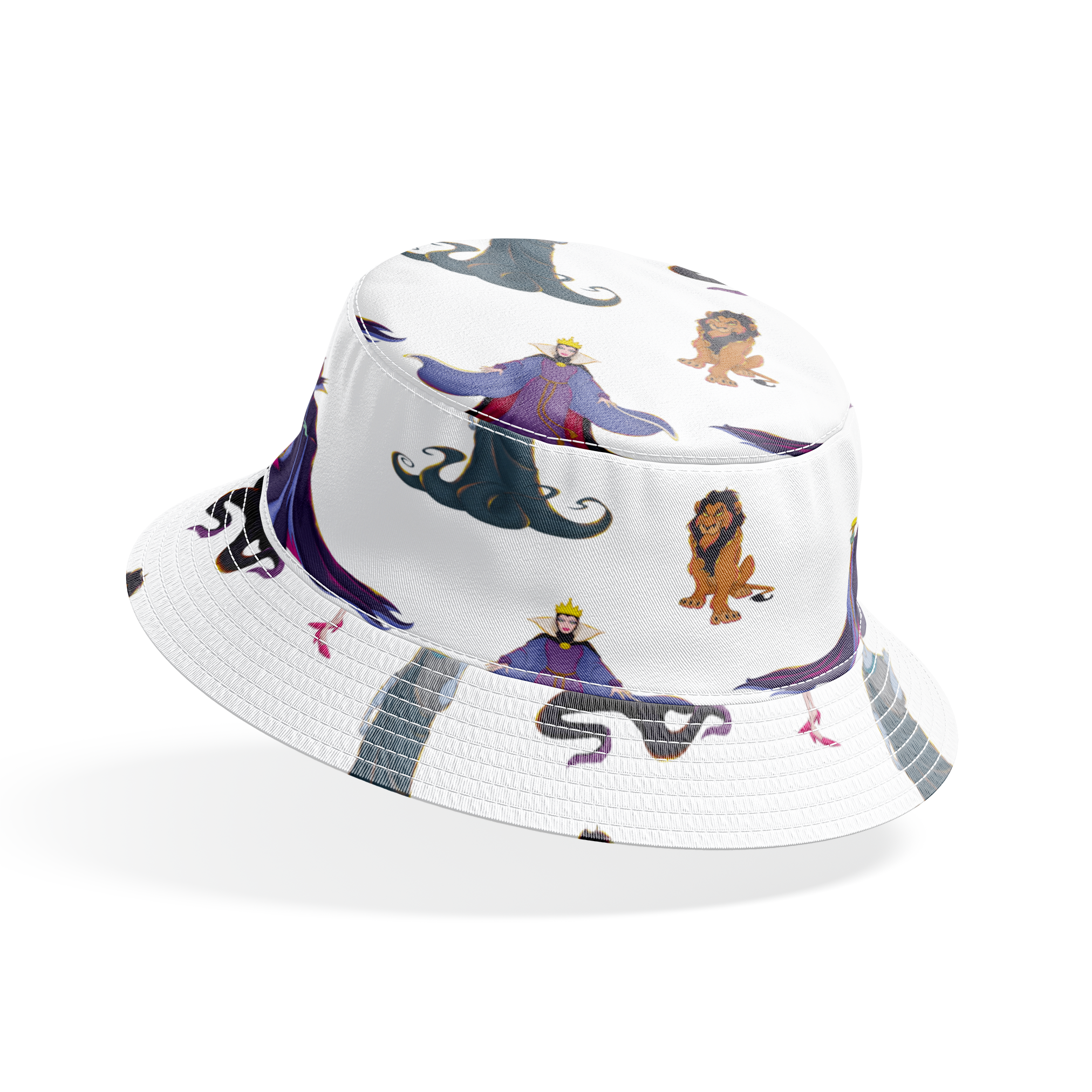 Disney villains pattern with Evil Queen, Scar, Maleficent, Ursula, and Cruella on white background bucket hat mockup