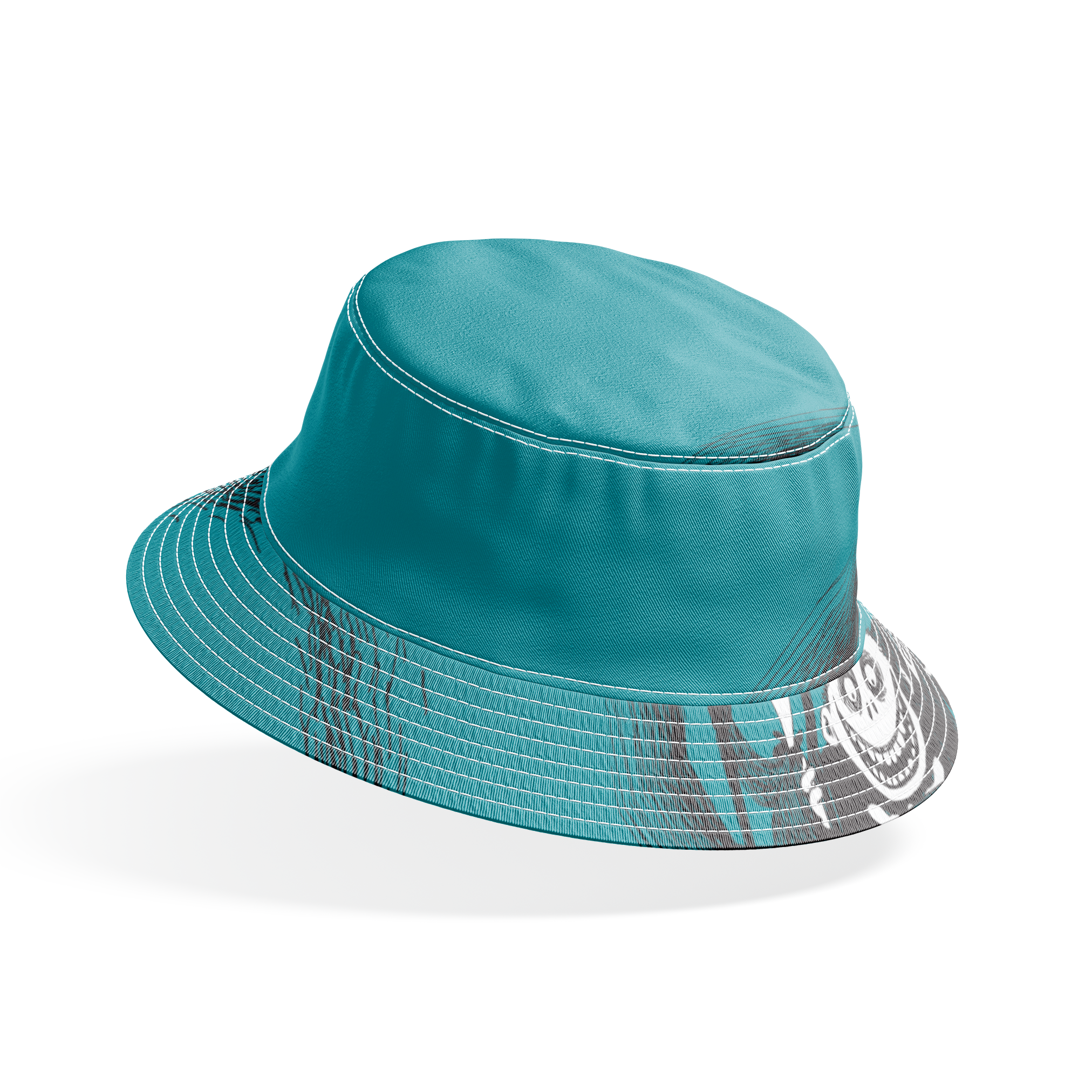 Teal patterned design with The Nightmare Before Christmas characters in circular frames, featuring round-headed characters in formal attire. bucket hat mockup