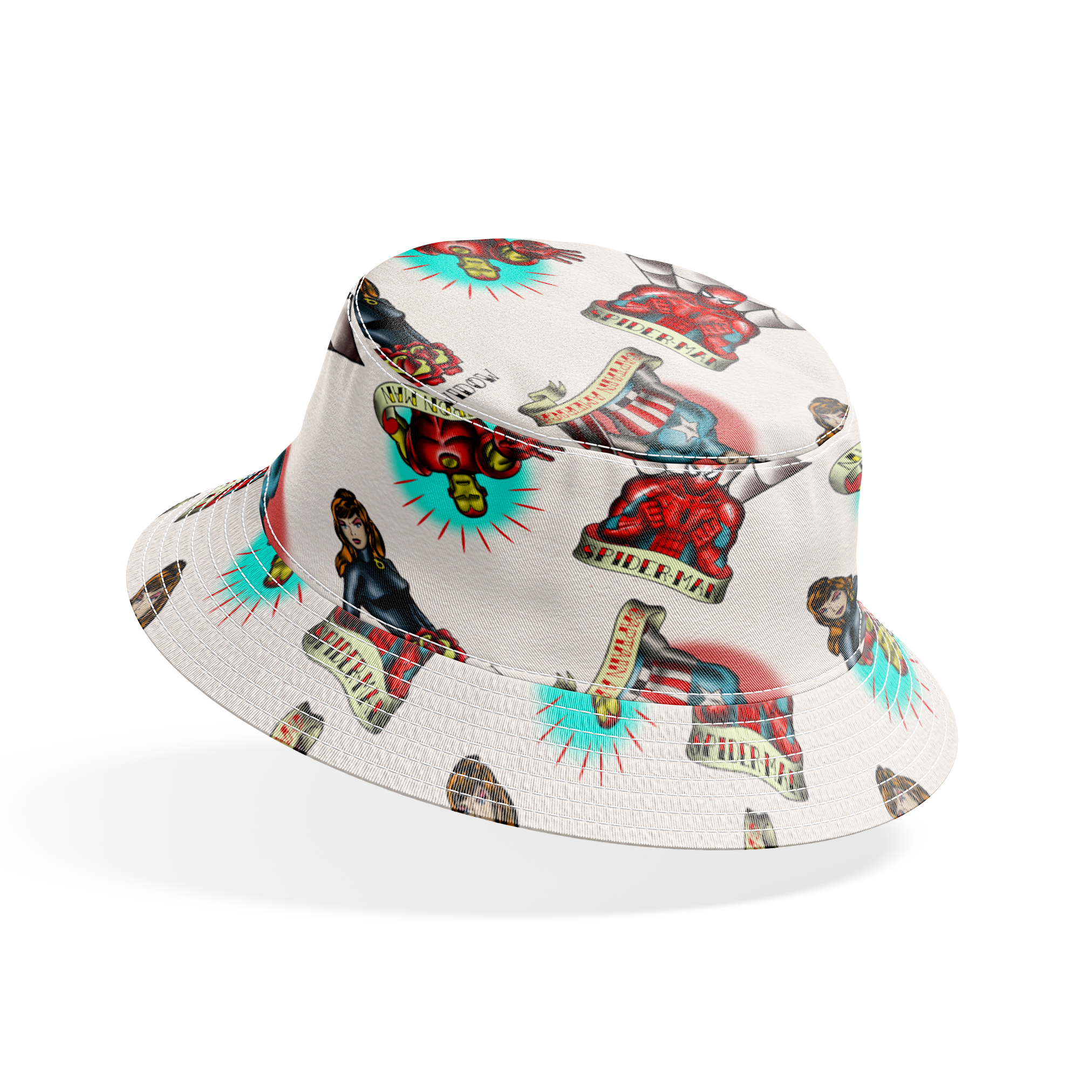 Traditional tattoo flash art designs featuring black panthers, hearts with daggers, spider webs, and colorful elements on cream background bucket hat mockup