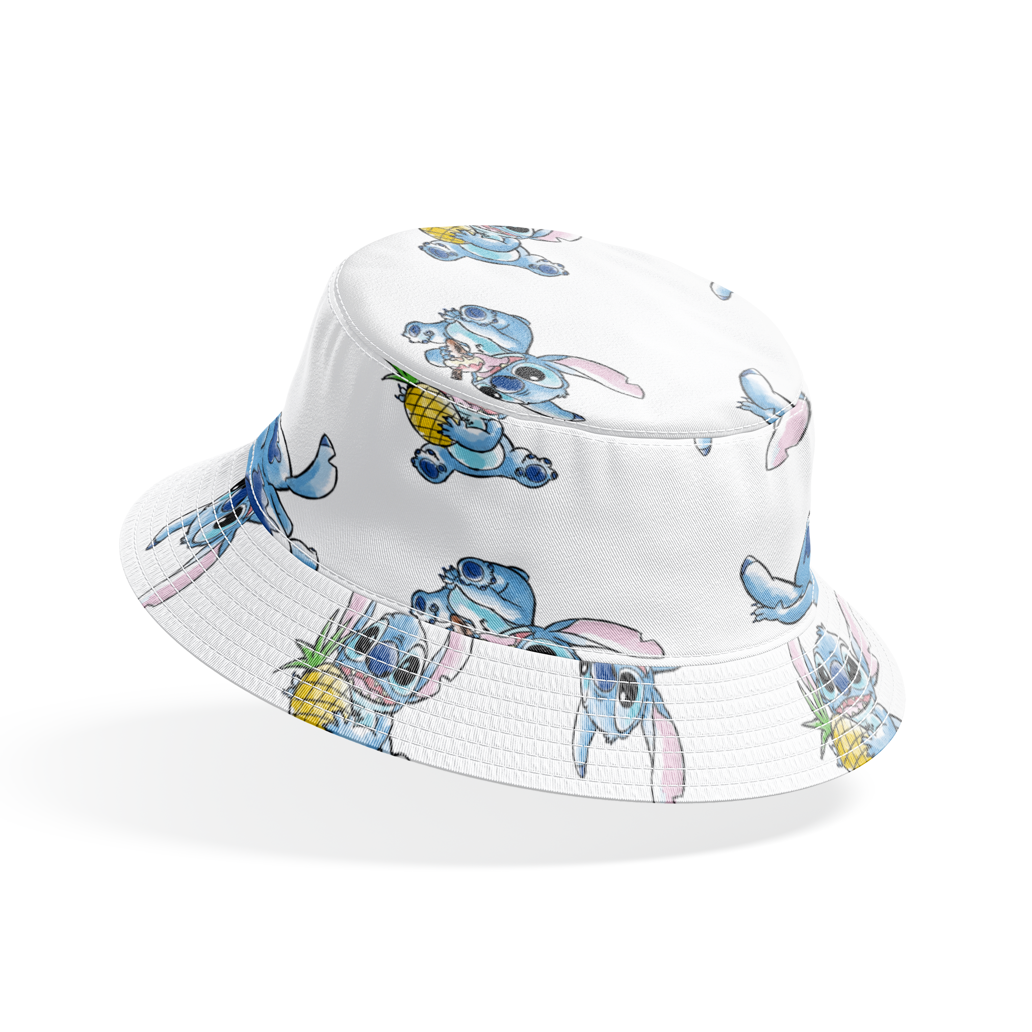 Disney's Stitch in various playful poses, some holding pineapples, on white background bucket hat mockup