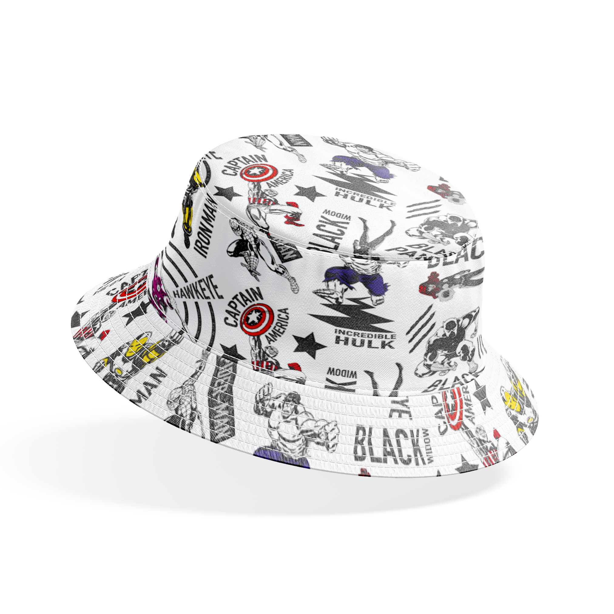 Marvel superheroes pattern with Iron Man, Captain America, Hulk, and Black Panther on white background bucket hat mockup