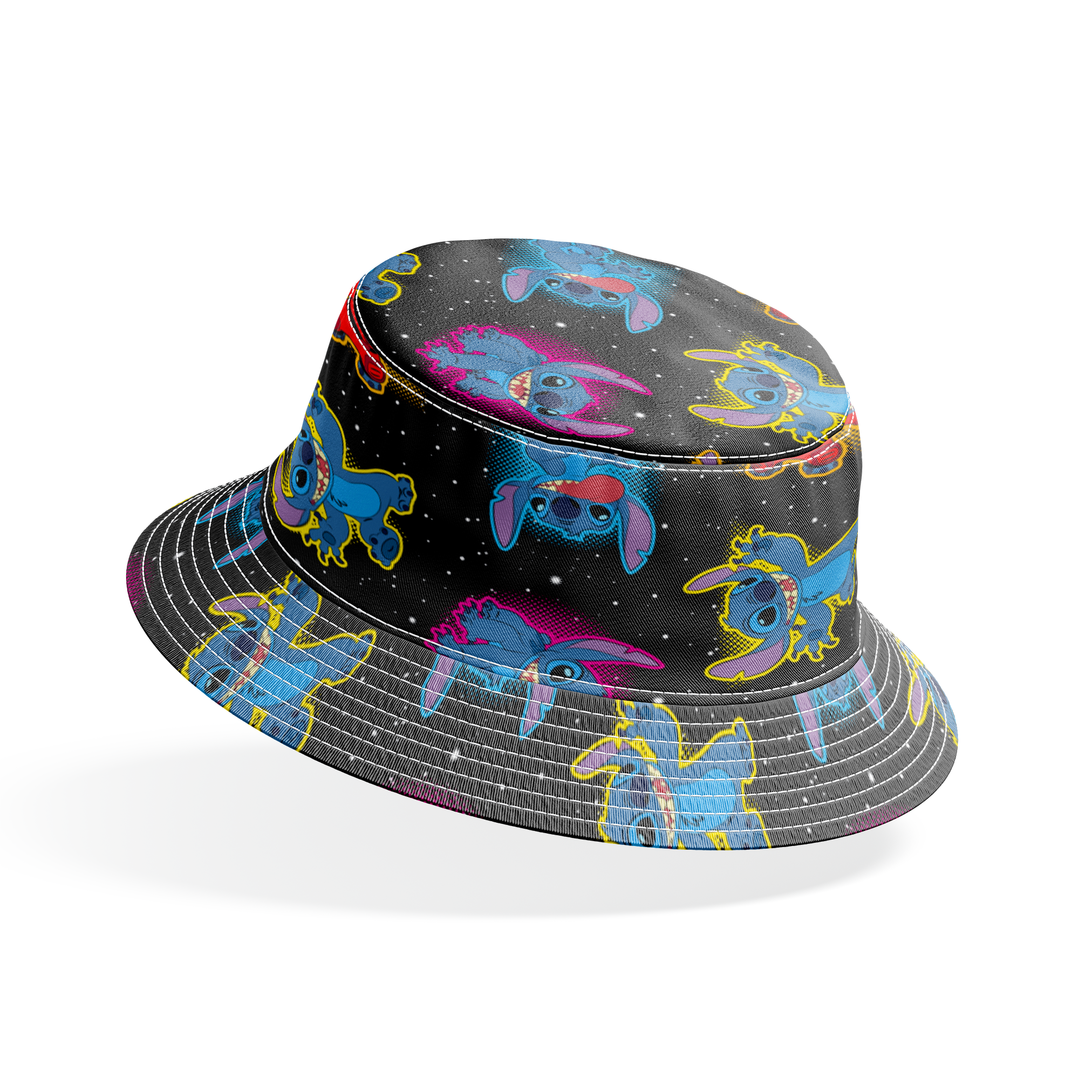 Colorful Stitch with pink accents on black starry background pattern bucket hat mockup