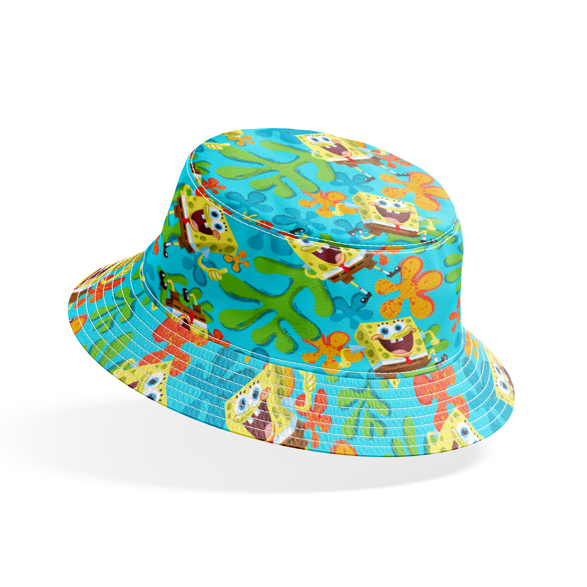 SpongeBob SquarePants pattern with colorful orange and blue flowers on turquoise background bucket hat mockup