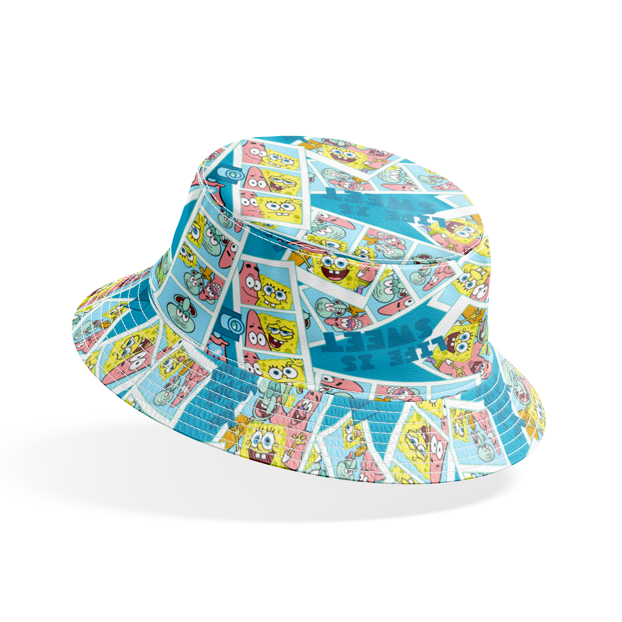 Photobooth-style SpongeBob SquarePants design featuring cartoon snapshots of SpongeBob, Patrick, and Squidward with “Life is Sweet” text on a blue background. bucket hat mockup