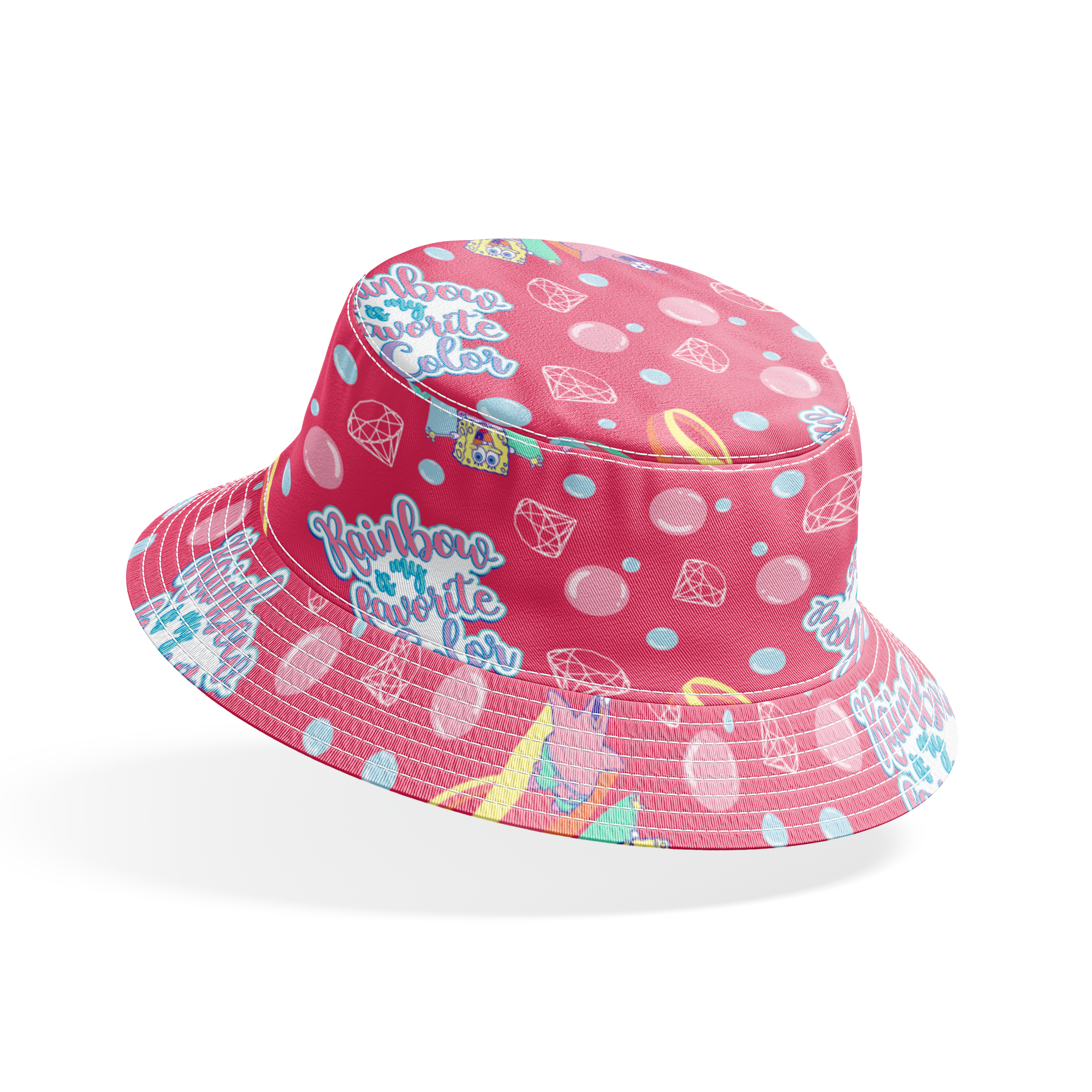 Patrick Star floats among pastel rainbows, bubbles, and gems on a pink background with the phrase “Rainbow is my favorite color” in a SpongeBob design bucket hat mockup