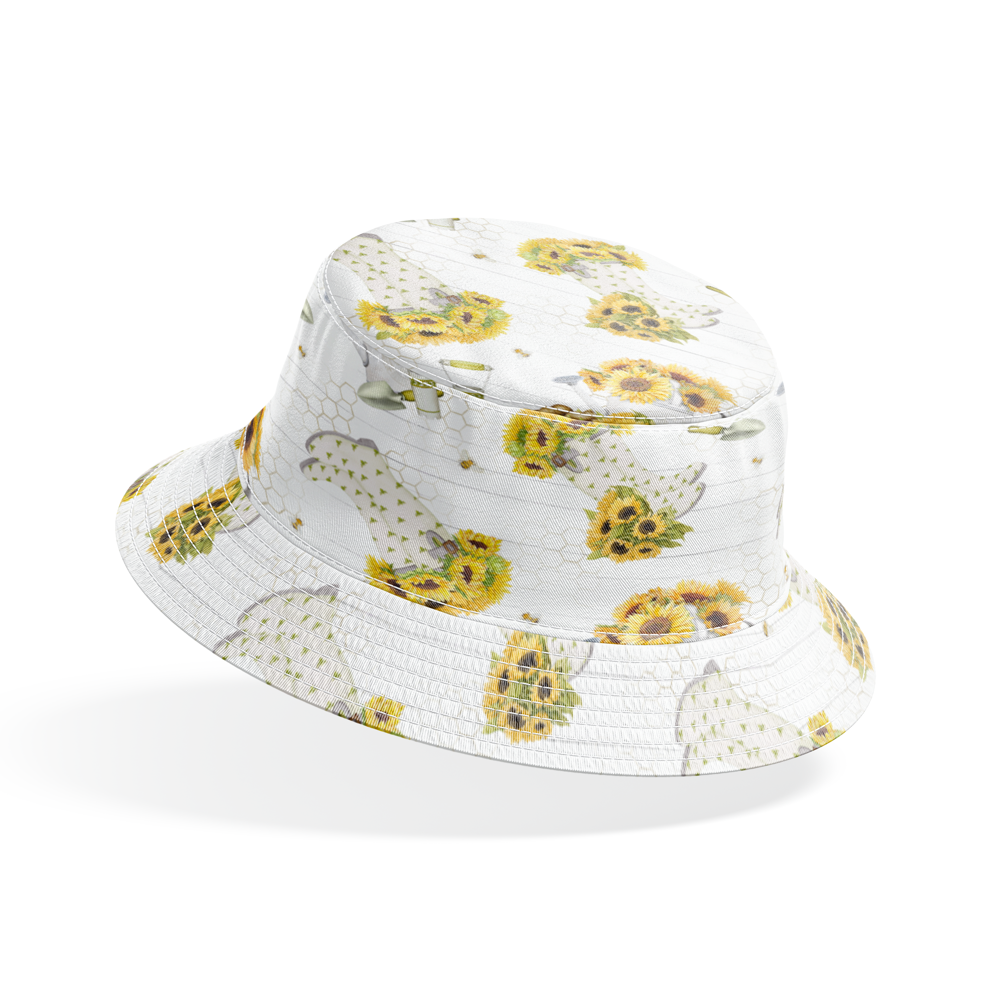 Sunflower-filled watering cans with bees, trowels, and garden tools on a white shiplap and honeycomb background. Designed by Nicole Tamarin. bucket hat mockup