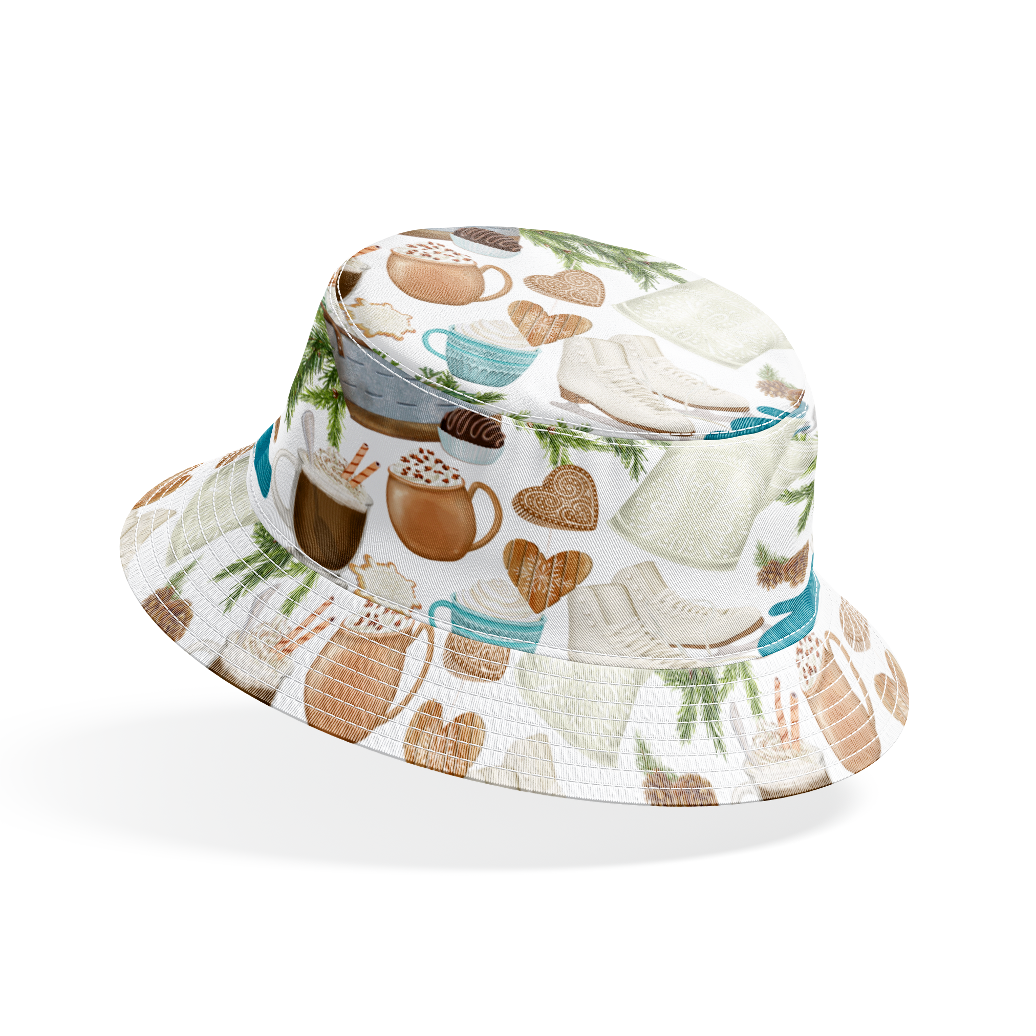 Winter-themed pattern featuring cocoa mugs, ice skates, mittens, pine branches, and holiday cookies in neutral and blue tones by Nicole Tamarin. bucket hat mockup