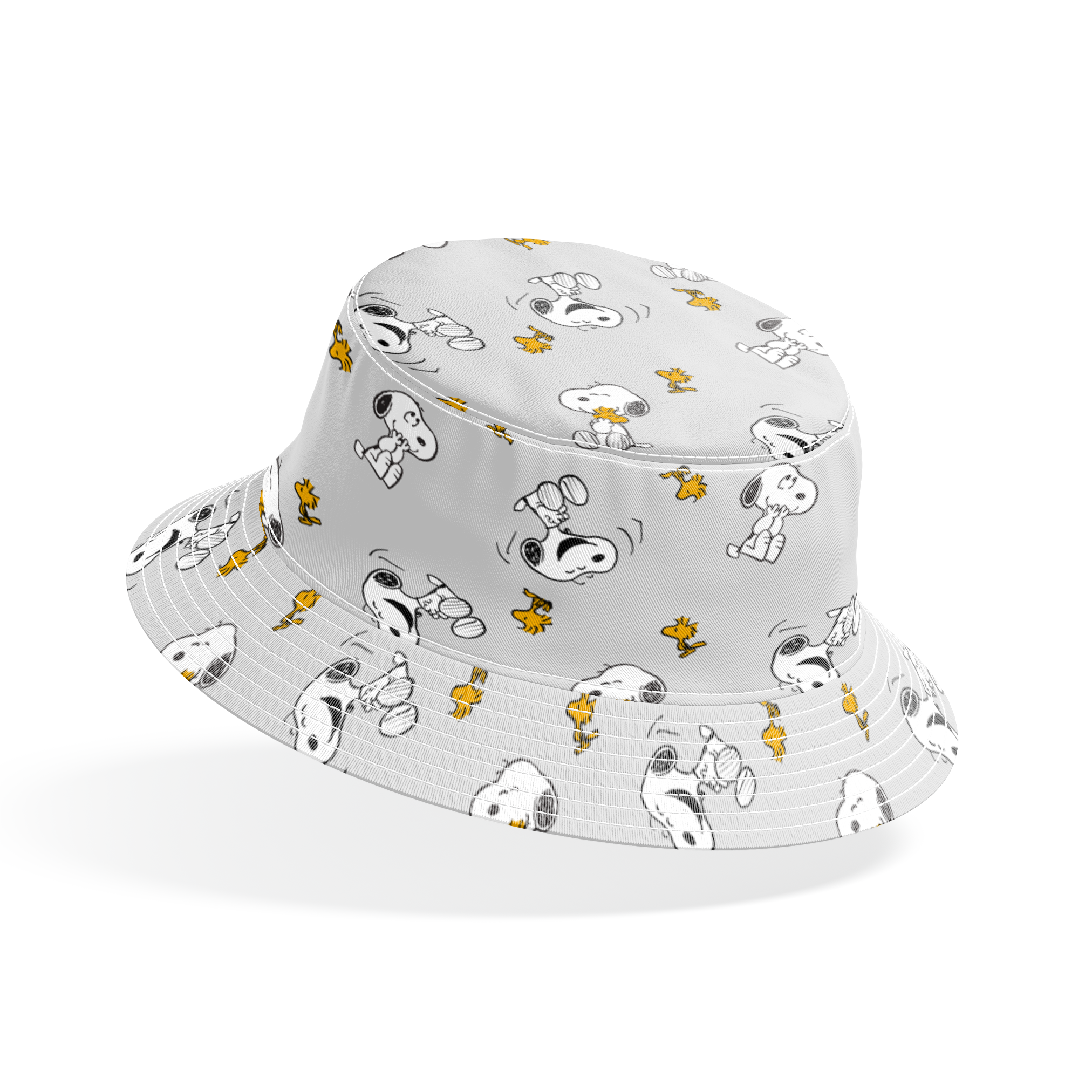 Pattern of Peanut's Snoopy and Woodstock on light gray background bucket hat mockup
