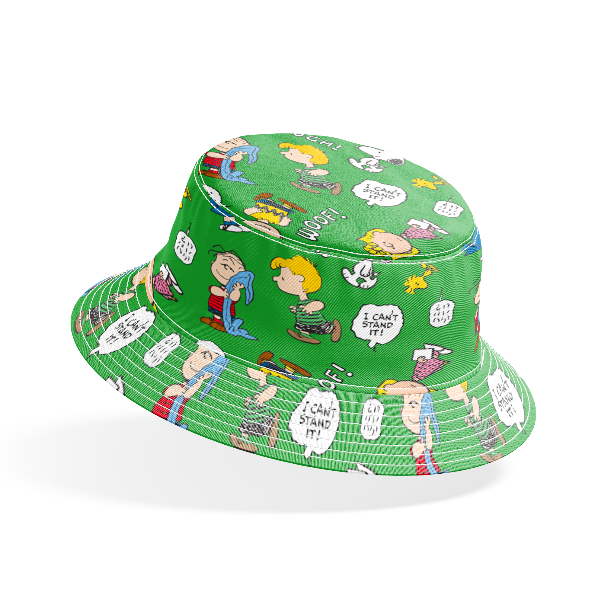 Peanuts comic characters on green background - Snoopy, Woodstock, and gang with speech bubbles like "AAUGH!" and "I CAN'T STAND IT! bucket hat mockup