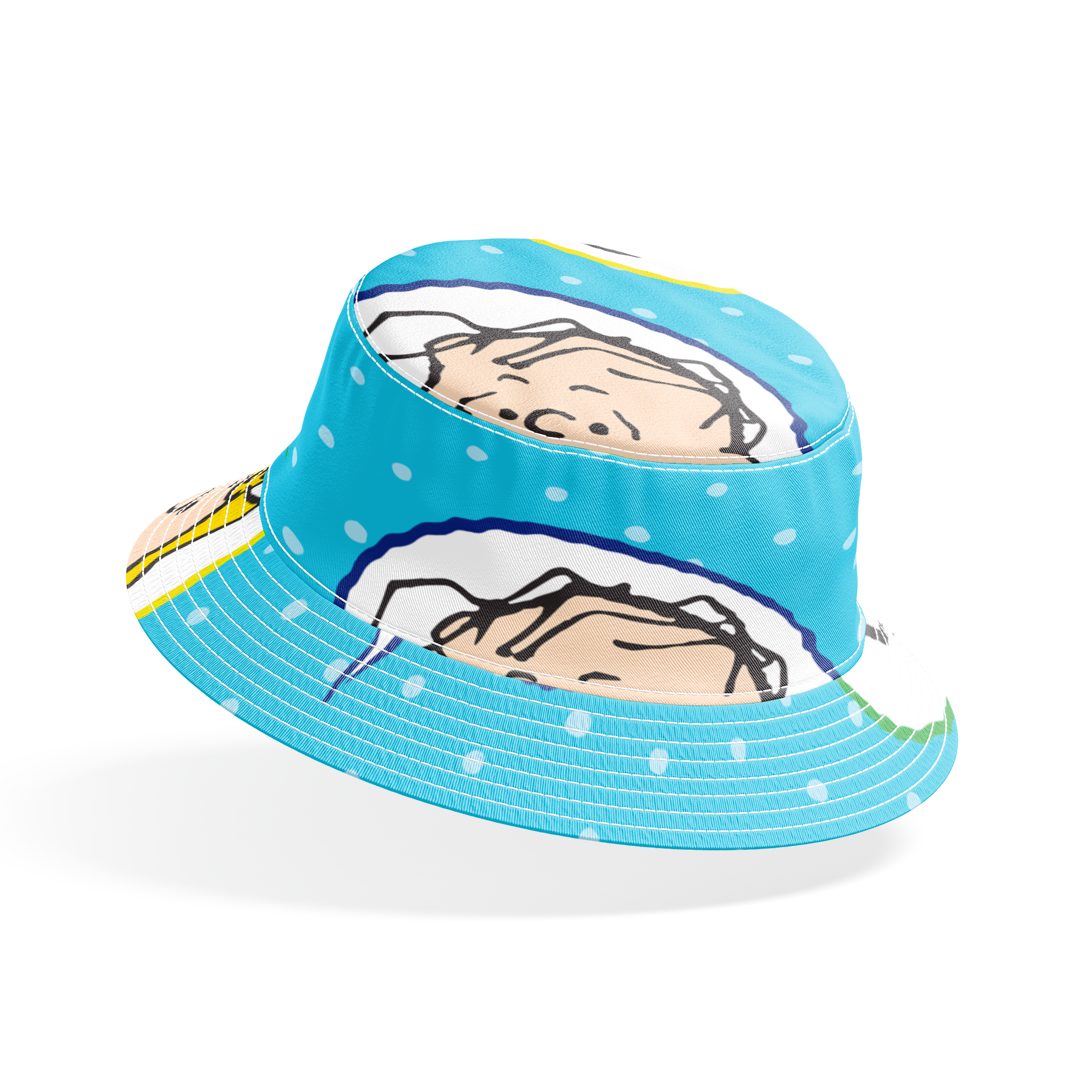 Peanuts characters pattern with Snoopy and other cartoon faces in circles on blue background bucket hat mockup
