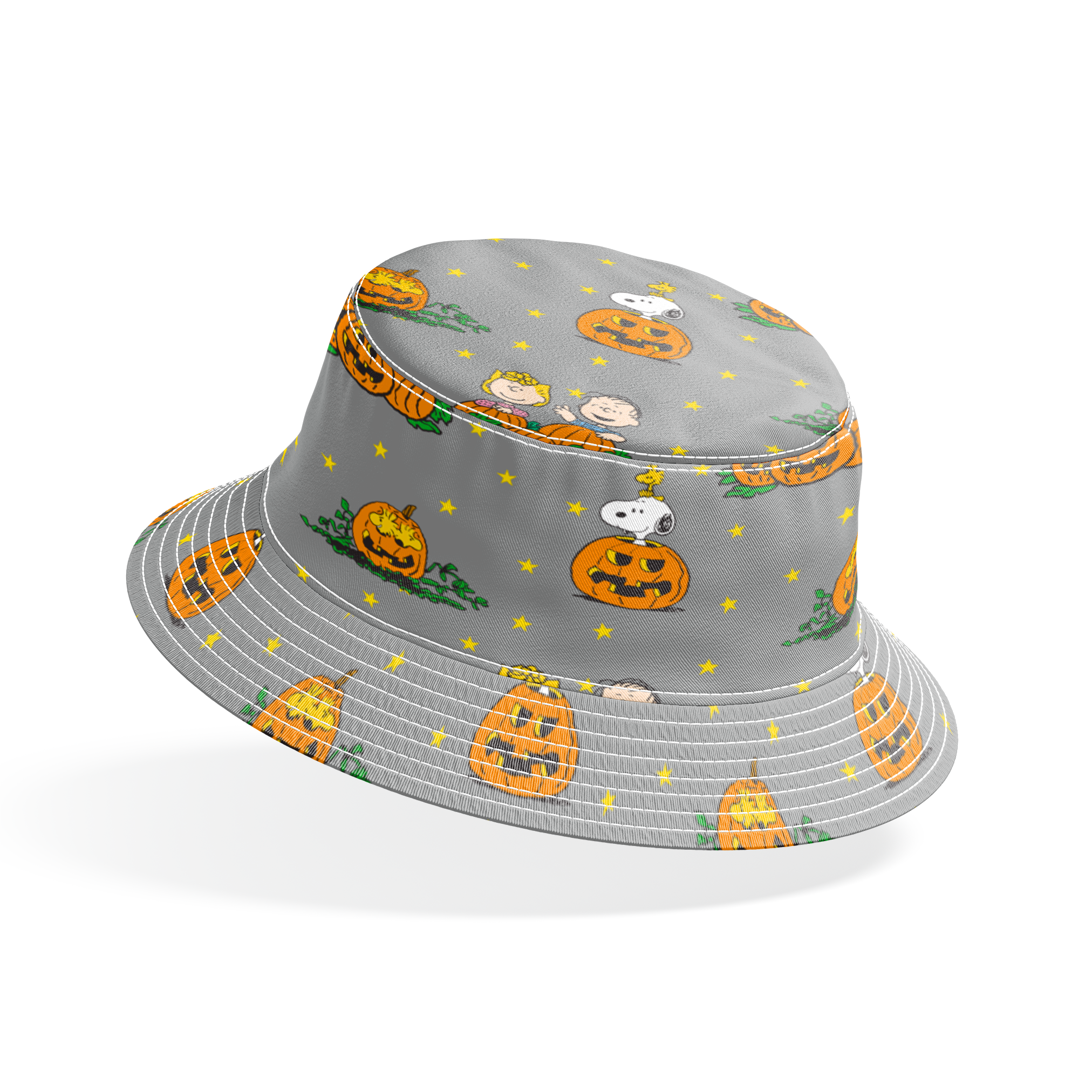 Peanuts Halloween pattern with Snoopy on pumpkins, Peanuts characters in pumpkin patches, and yellow stars on gray background. bucket hat mockup
