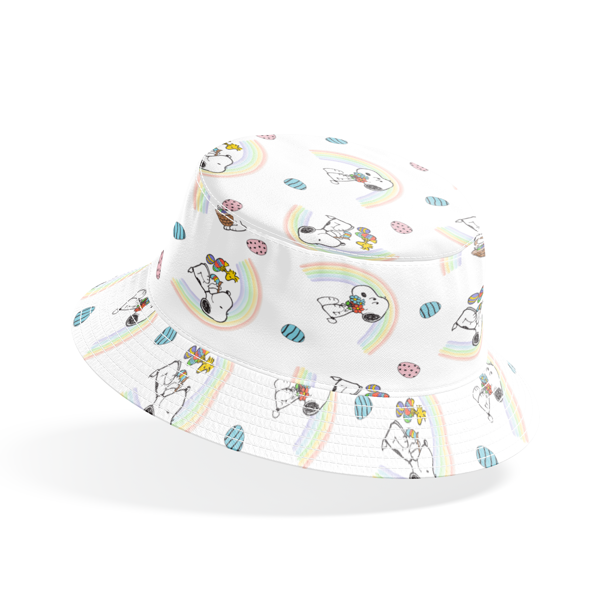 Snoopy pattern with Easter eggs, rainbows, and Woodstock, featuring Snoopy holding flowers and baskets bucket hat mockup