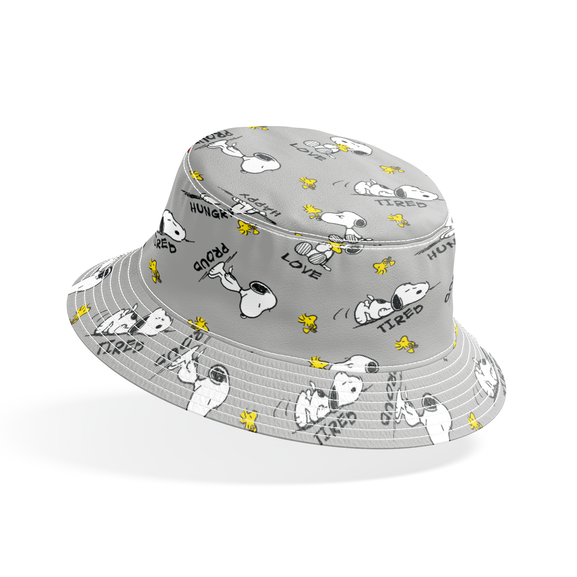 Snoopy cartoon pattern on gray background with emotions like "Hungry" and "Love" with Woodstock bucket hat mockup