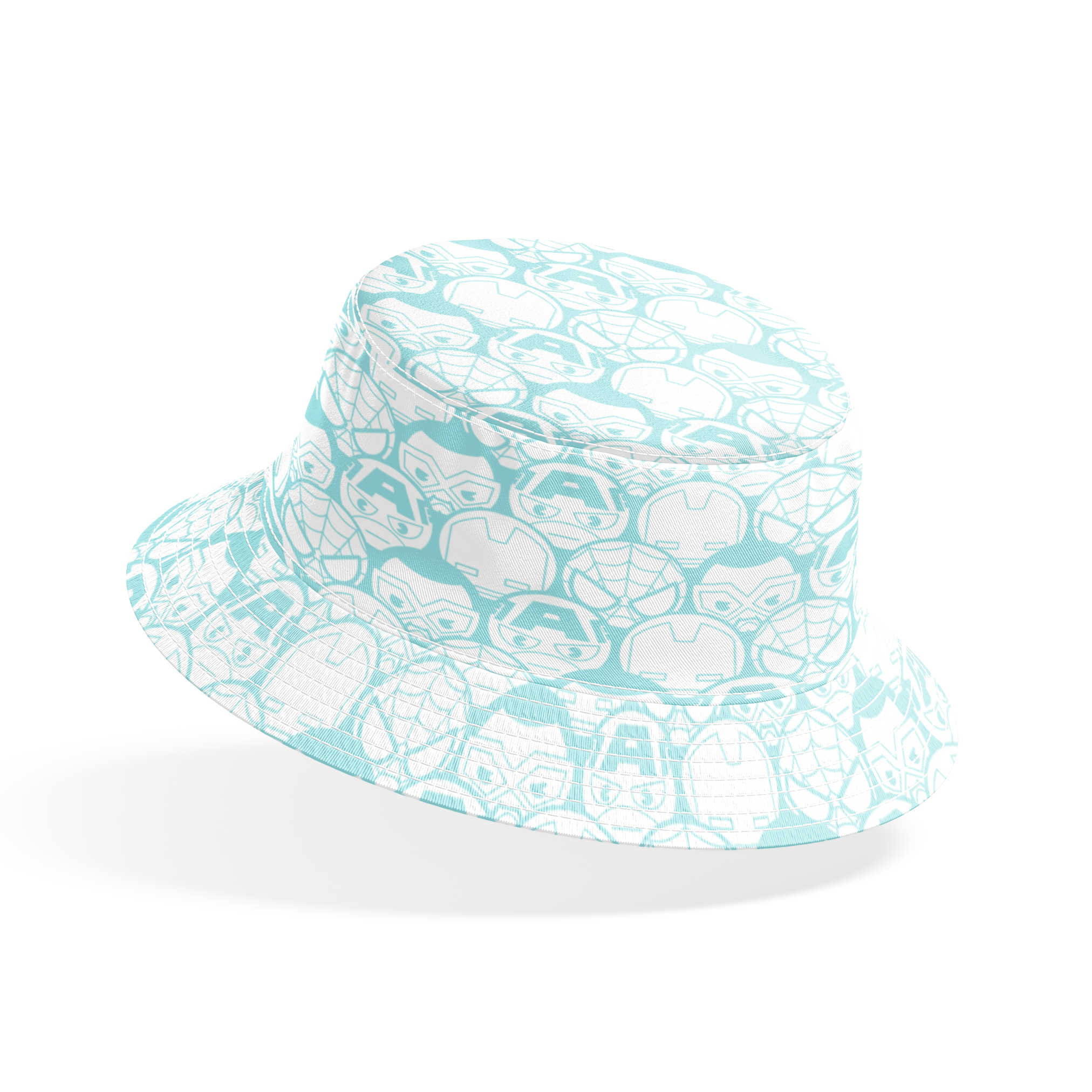 Light blue and white pattern of stylized superhero masks and helmets in a repeating design bucket hat mockup