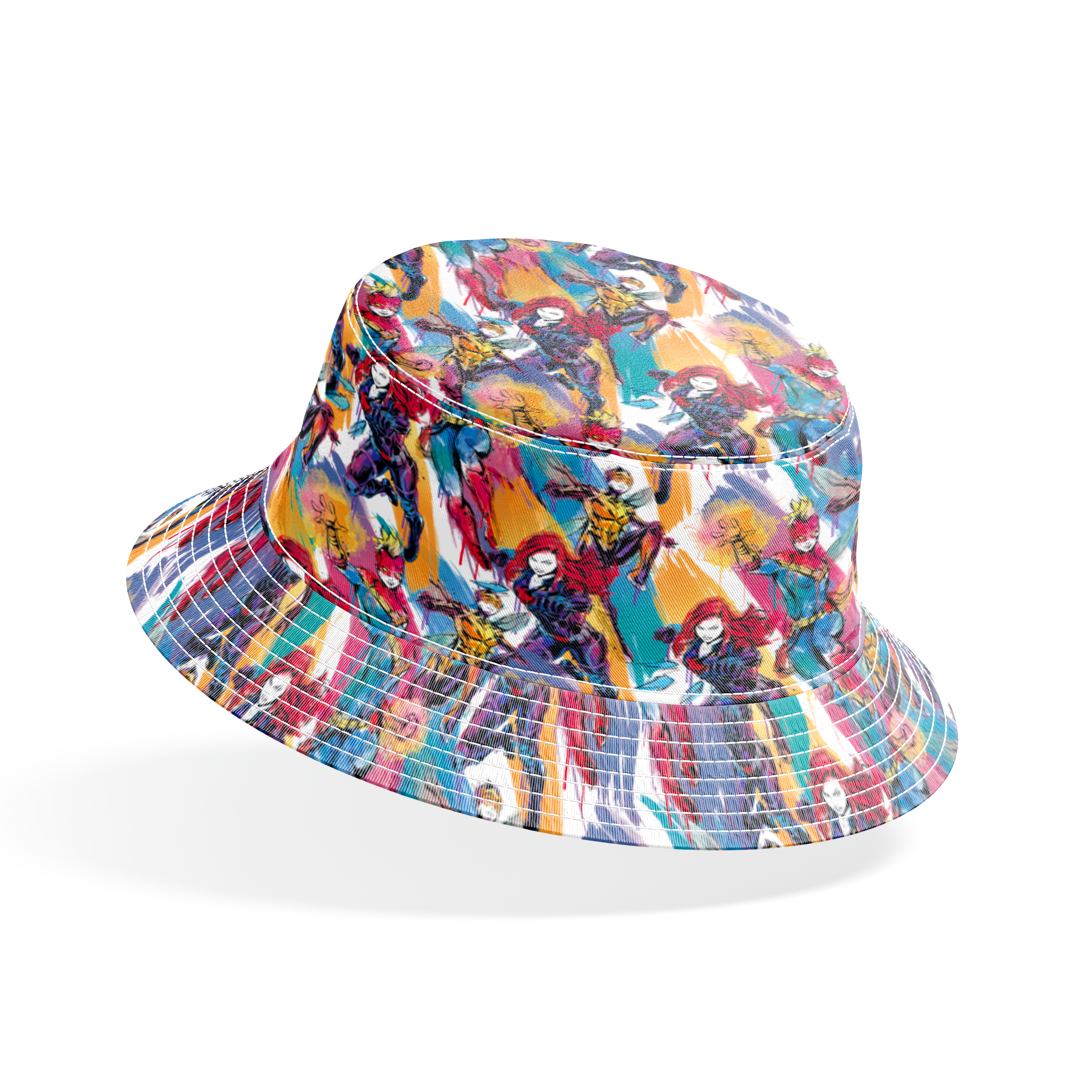 Colorful comic book superhero pattern with characters in dynamic poses against abstract brushstroke background bucket hat mockup