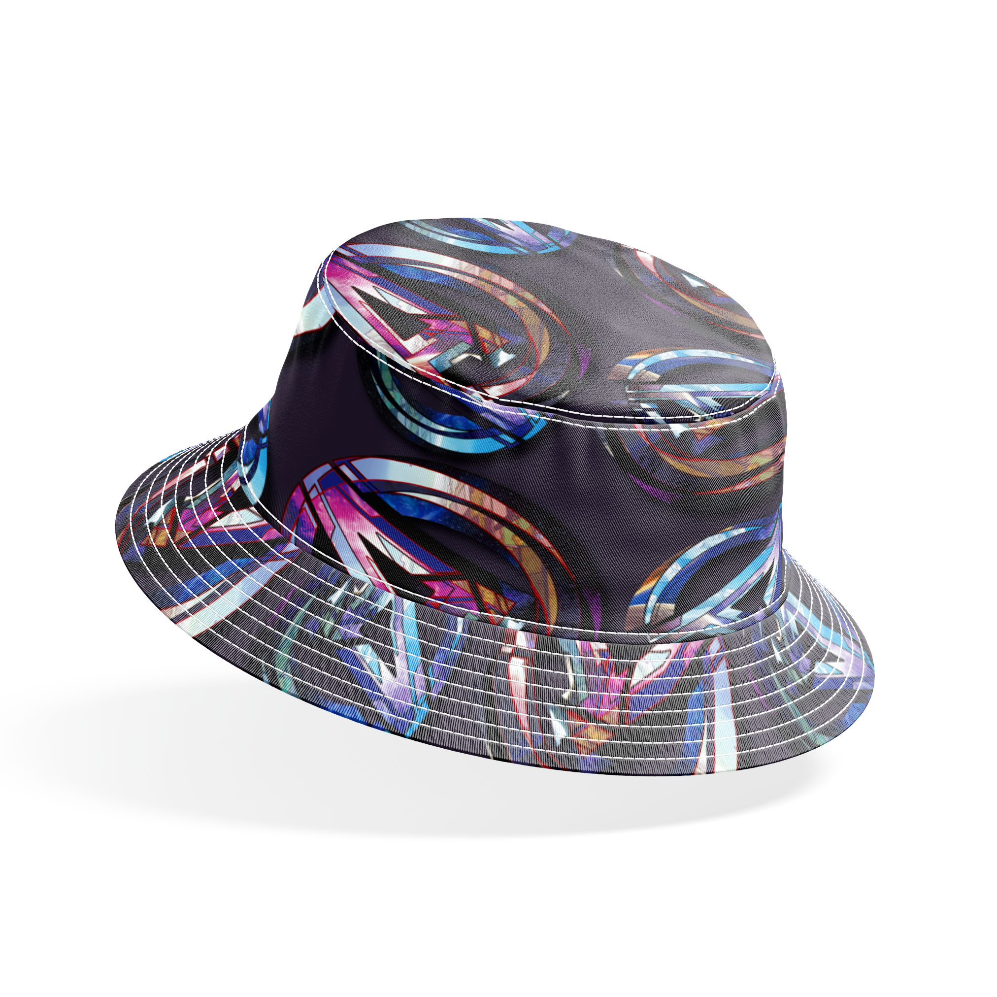 Colorful metallic Avengers logo pattern with iridescent purple and blue reflections on dark background bucket hat mockup