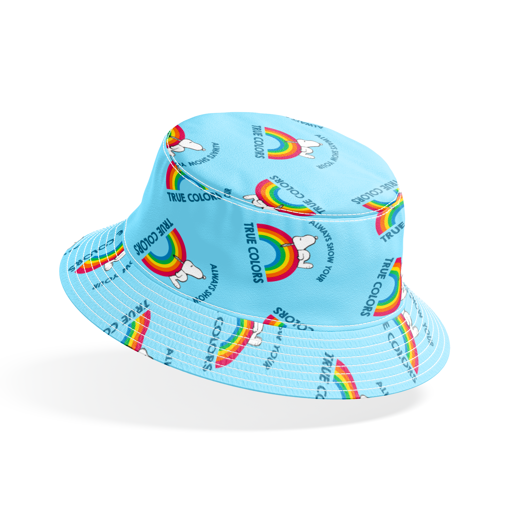 Rainbow Snoopy pattern on light blue background with white clouds and "TRUE COLORS" and "ALWAYS SHOW YOUR" text repeated throughout design bucket hat mockup