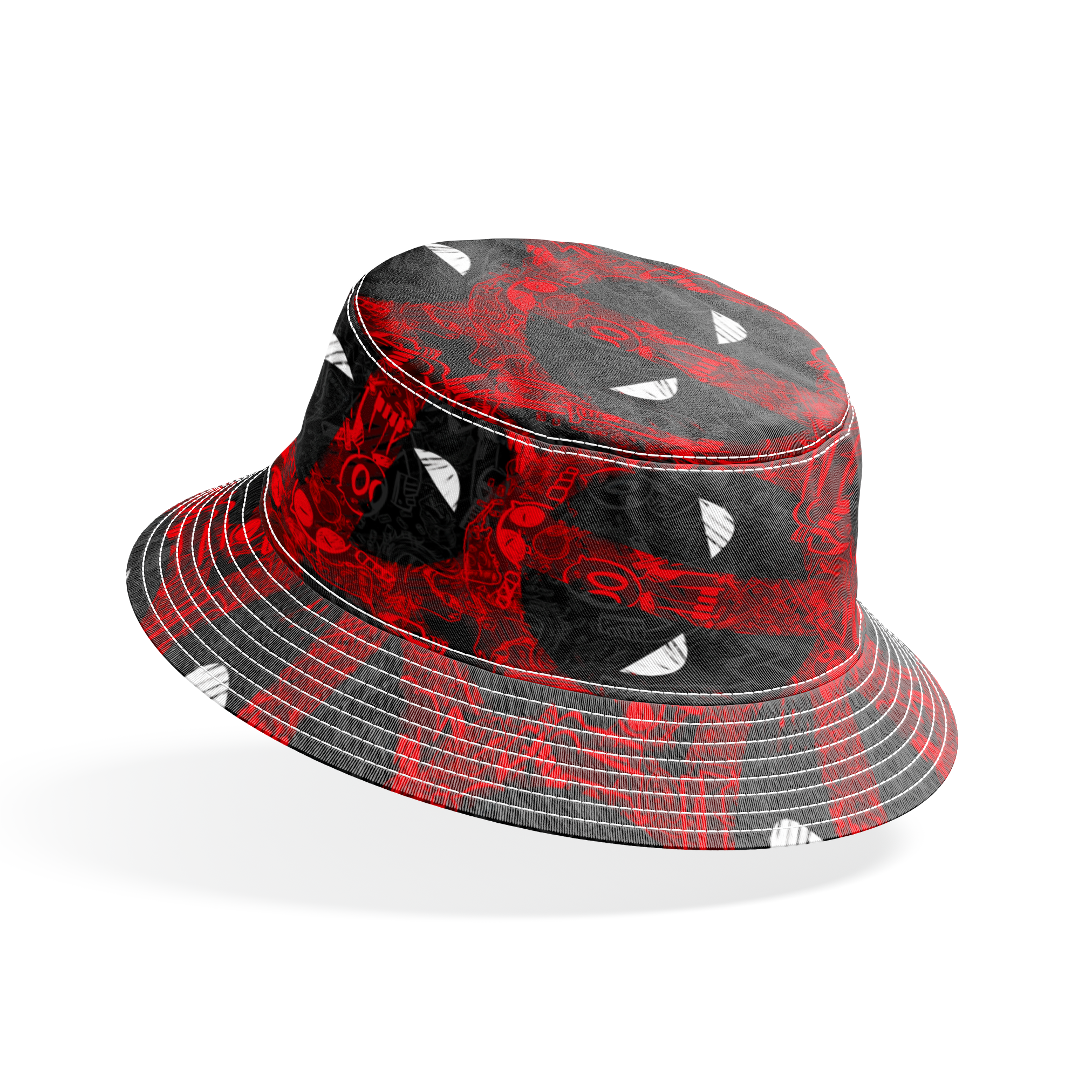Abstract pattern of red and black chaotic lines with white triangular shapes scattered throughout the design bucket hat mockup