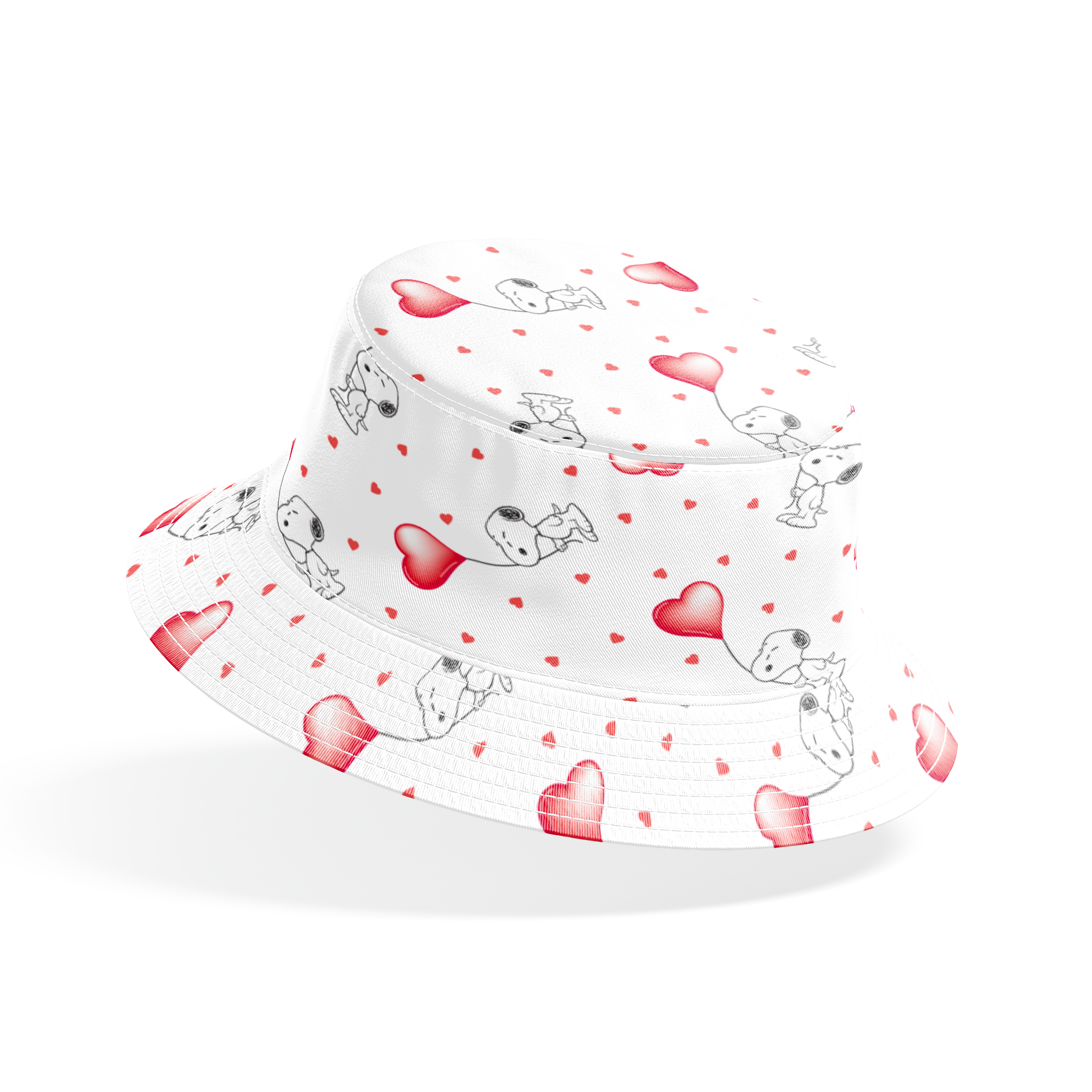 Cute Snoopy holding heart-shaped balloons with small hearts scattered on white background bucket hat mockup
