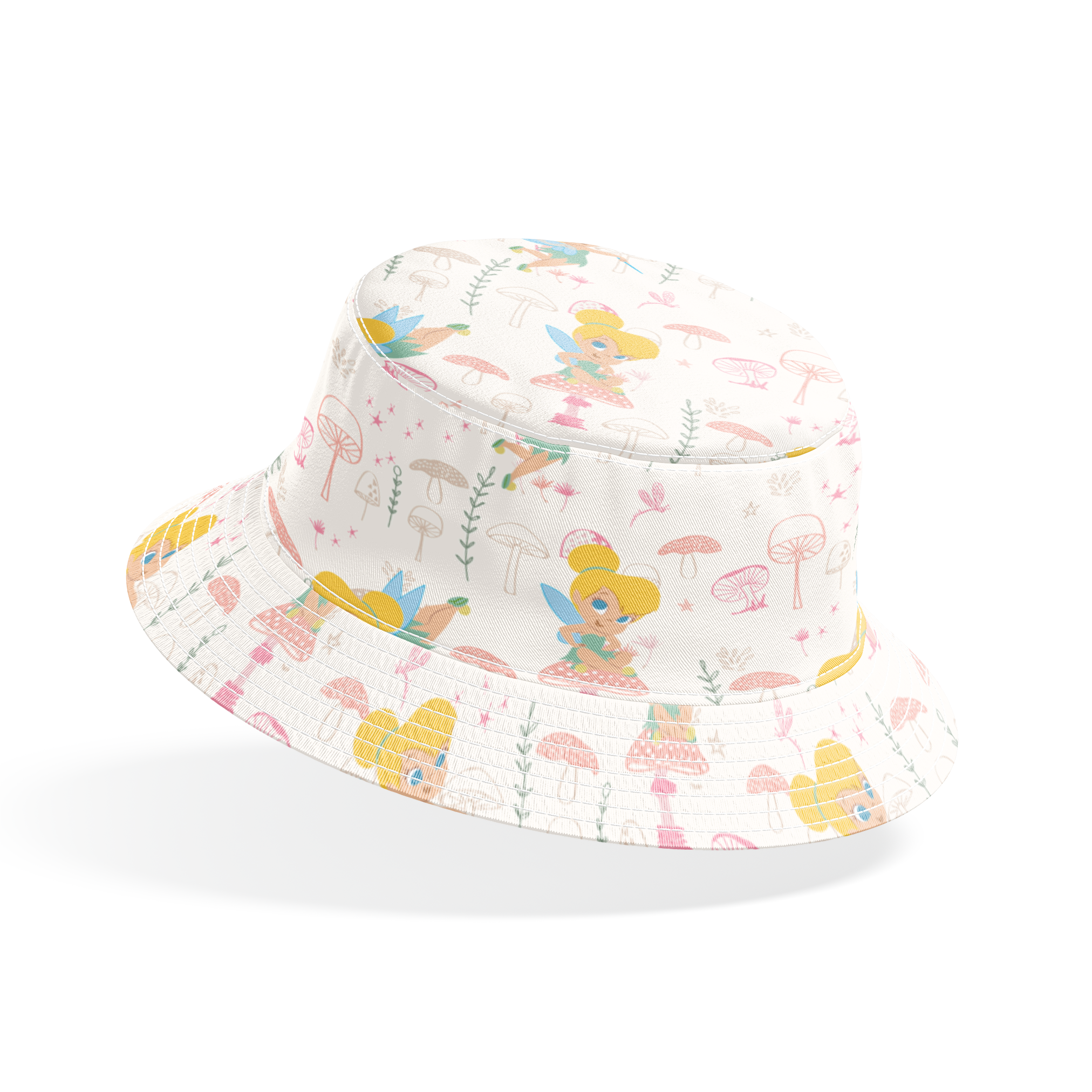 Whimsical pattern with cartoon fairy characters and pink mushrooms against a cream background bucket hat mockup