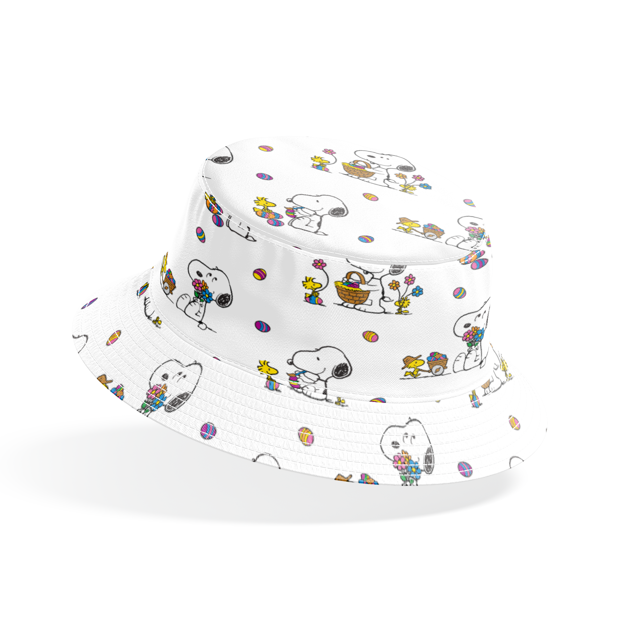 Cartoon pattern with Snoopy and Woodstock celebrating Easter with colorful eggs and baskets on white background bucket hat mockup