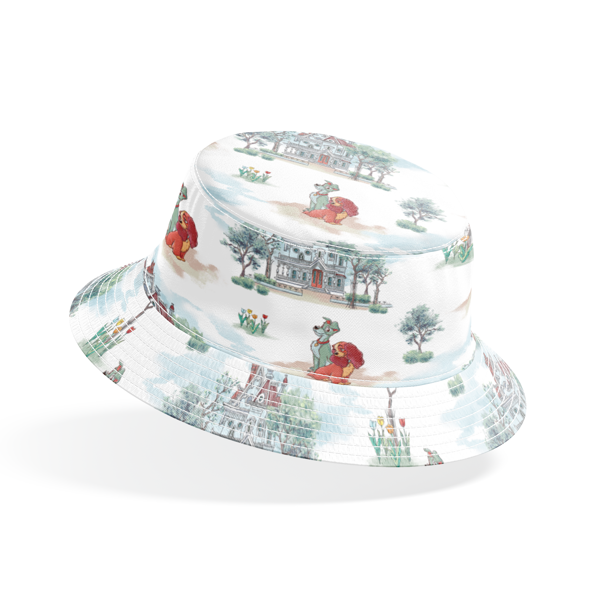 Repeating pattern with Victorian houses, small trees, and cartoon lions with red manes in a soft watercolor style bucket hat mockup