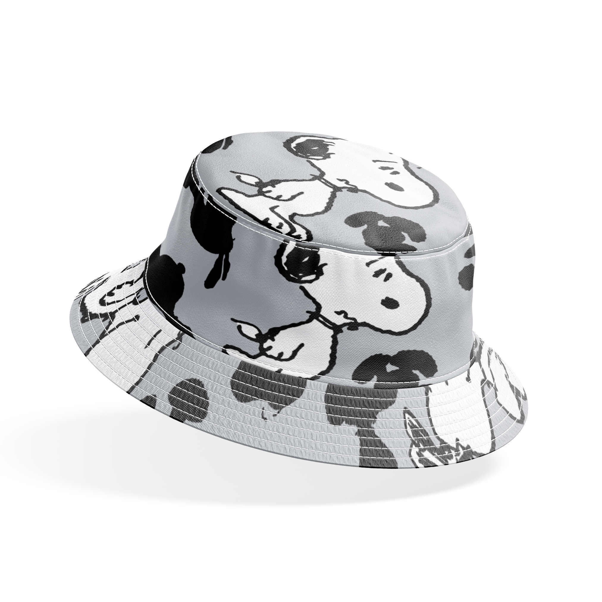 Pattern of Snoopy and Woodstock on gray background with black silhouettes bucket hat mockup