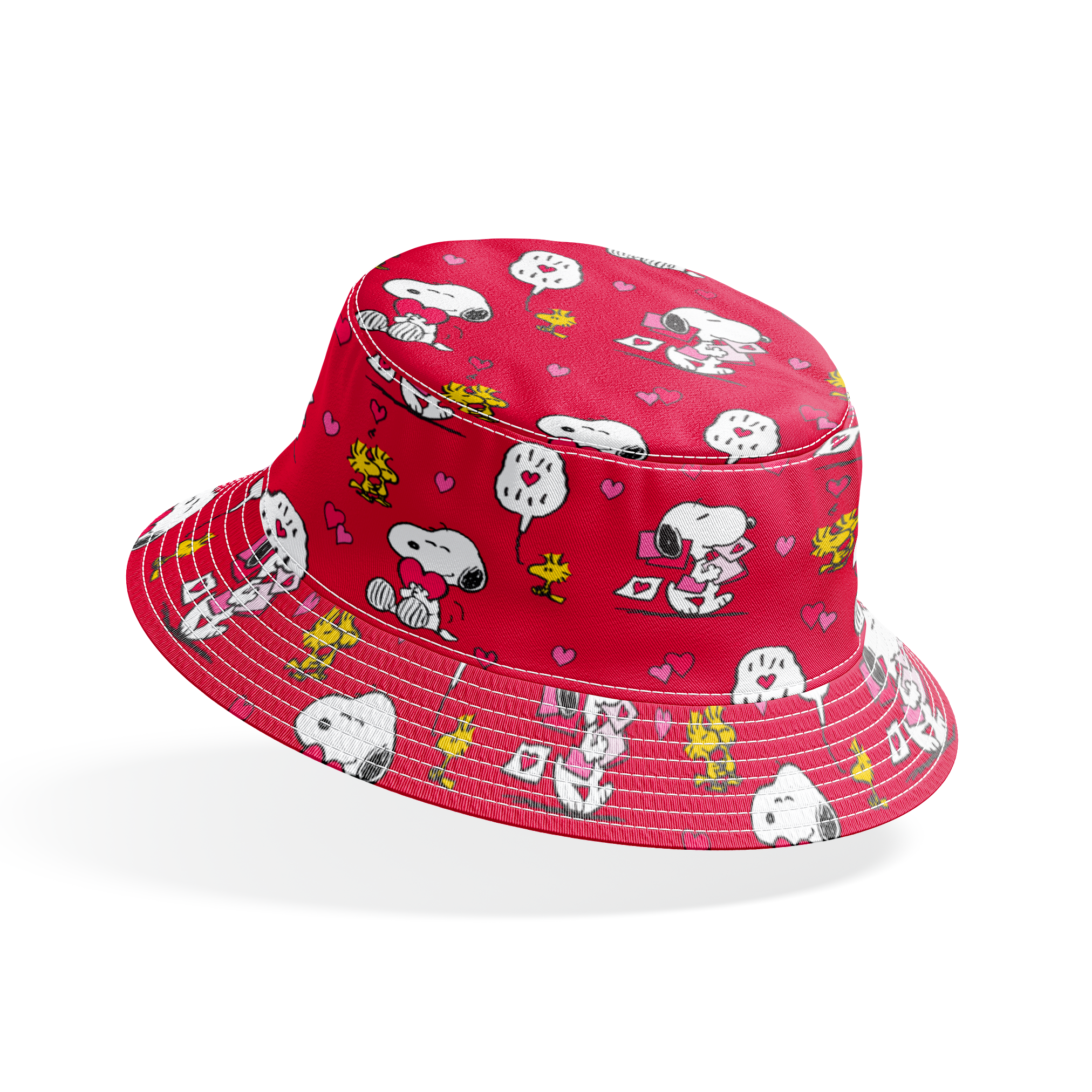 Snoopy and Woodstock pattern with hearts on bright red background, Valentine's theme bucket hat mockup