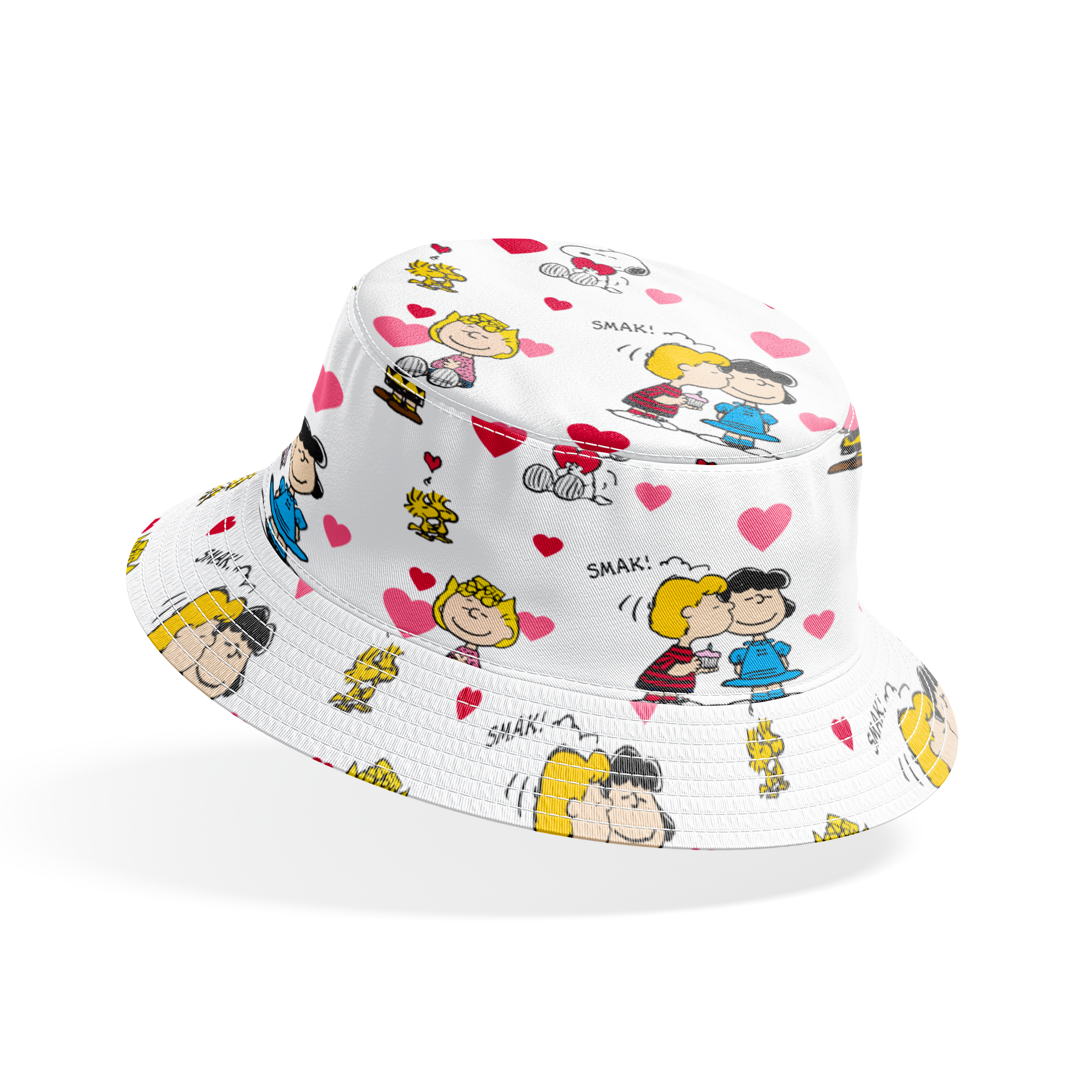Peanuts cartoon characters with heart motifs, featuring Snoopy, Woodstock, and others in a Valentine's theme bucket hat mockup